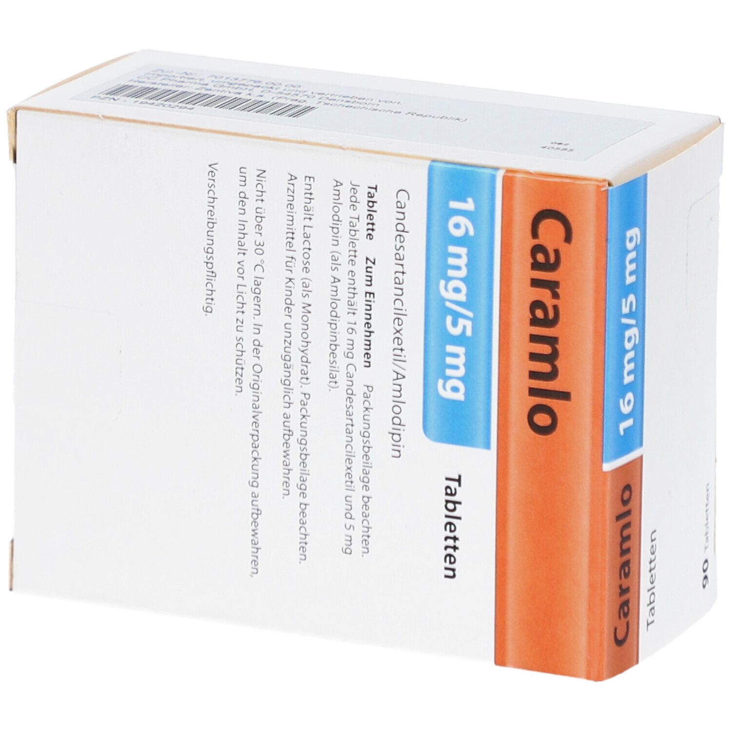 Schachtel mit CARAMLO 16 mg/5 mg Tabletten. Aufschrift: 90 Tabletten. Enthält Candesartancilexetil/Amlodipin.