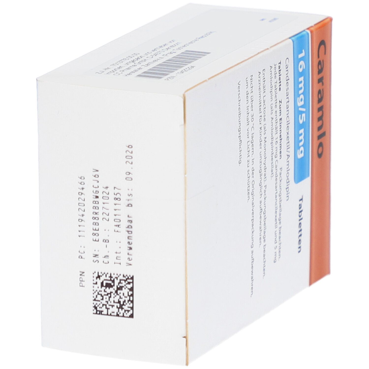 Schachtel mit CARAMLO 16 mg/5 mg Tabletten. Aufschrift: 90 Tabletten. Enthält Candesartancilexetil/Amlodipin.