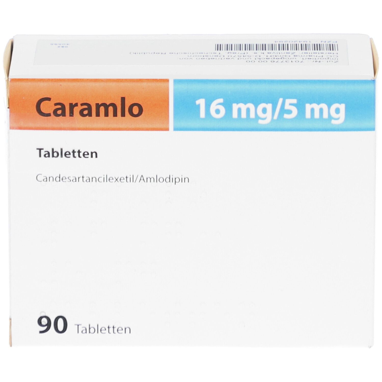 Weiße Tabletten-Schachtel. Aufschrift: Caramlo, 16 mg/5 mg, Tabletten. Enthält Candesartancilexetil/Amlodipin. 90 Tabletten.
