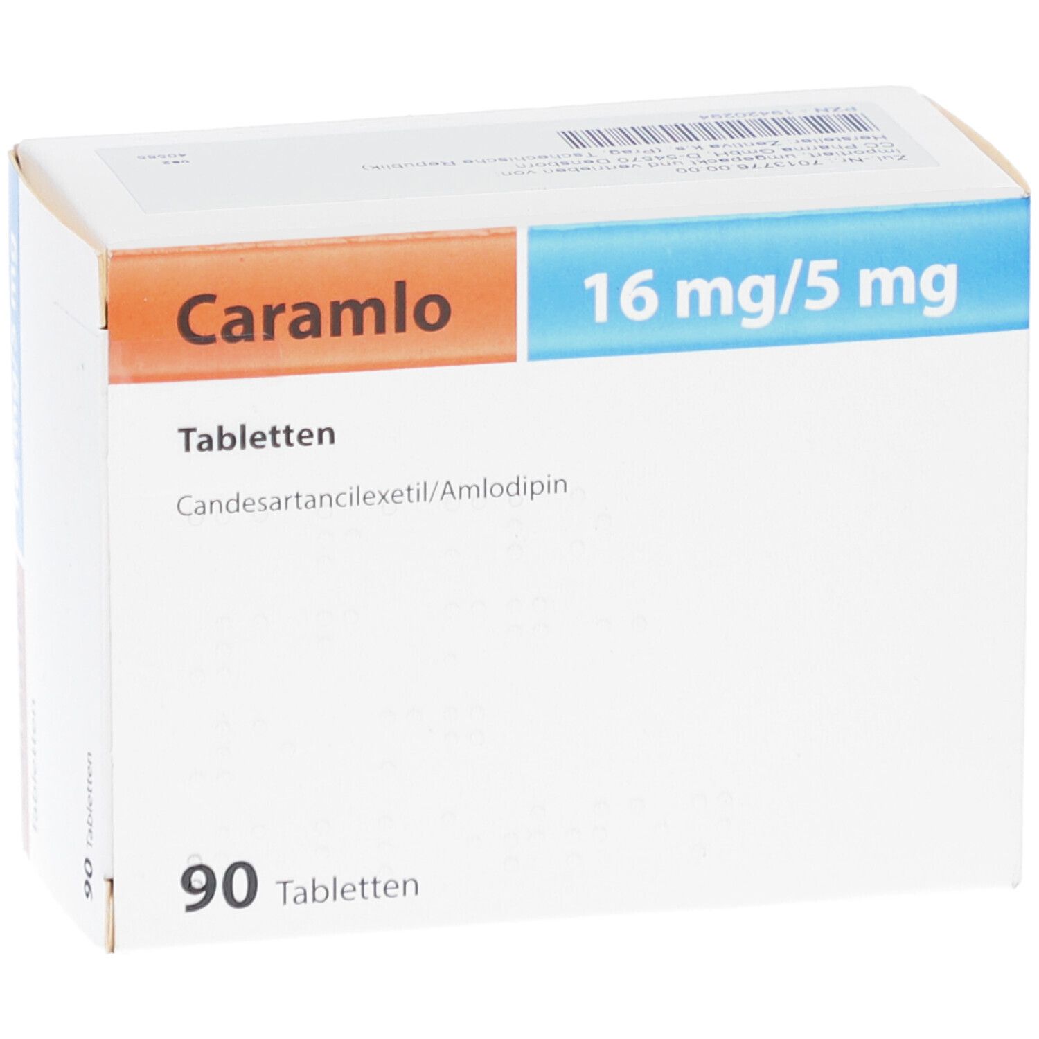 Schachtel mit CARAMLO 16 mg/5 mg Tabletten. Aufschrift: 90 Tabletten. Enthält Candesartancilexetil/Amlodipin.