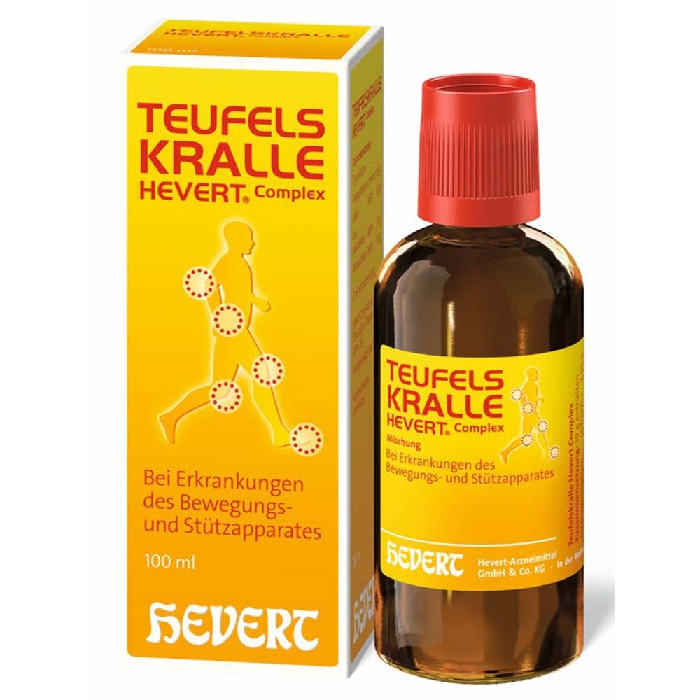 Braune Flasche mit rotem Verschluss und gelber Verpackung. Aufschrift: Teufelskralle Hevert Complex.