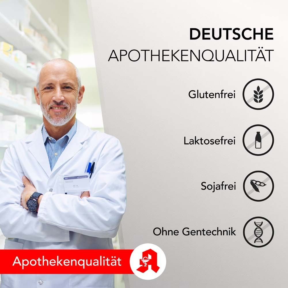 Text: Deutsche Apothekenqualität. Glutenfrei, laktosefrei, sojafrei, ohne Gentechnik. Apothekenqualität-Logo.