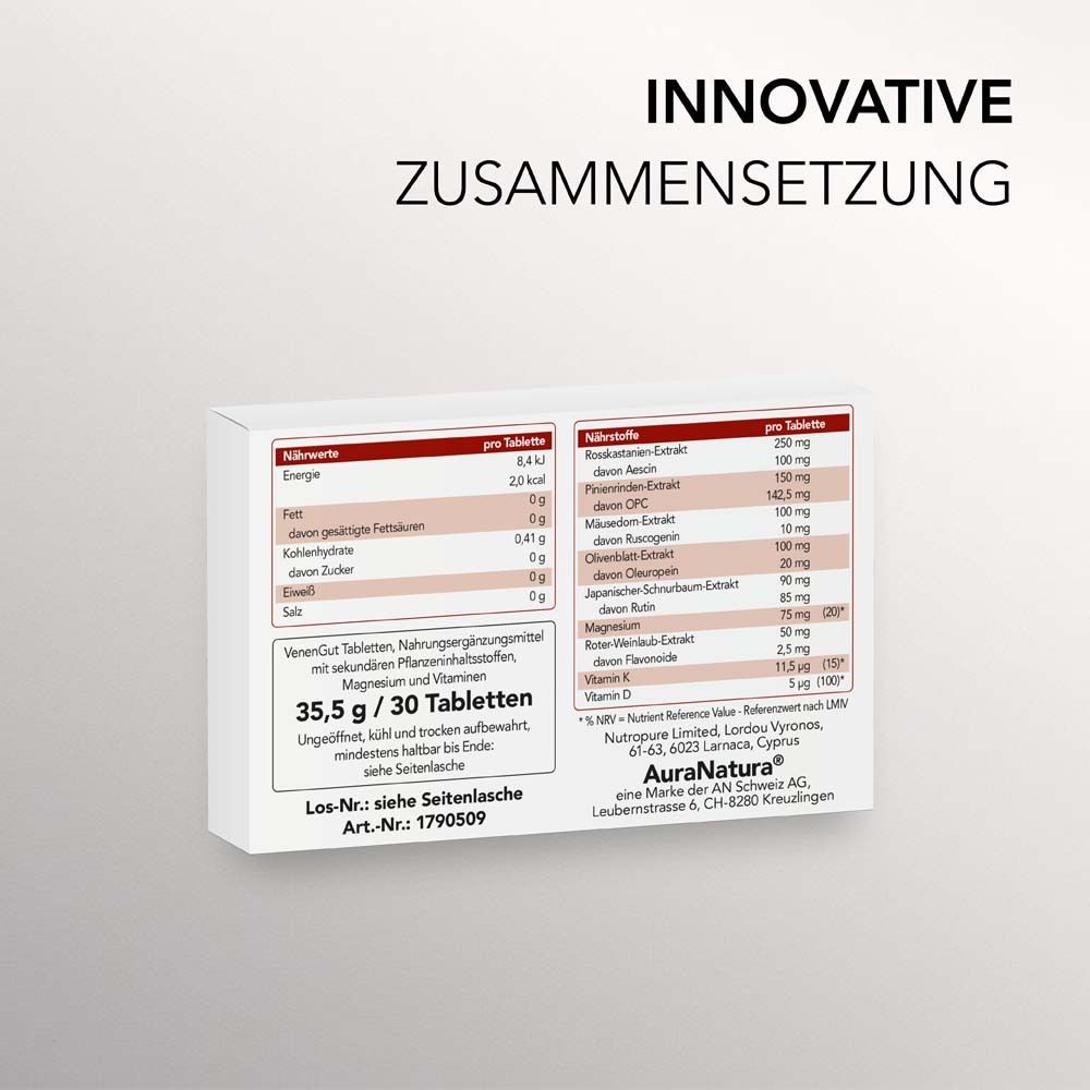 Karton mit Nährwertangaben und Inhaltsstoffen. Text: Innovative Zusammensetzung. 35,5 g / 30 Tabletten. Marke Aura Natura.