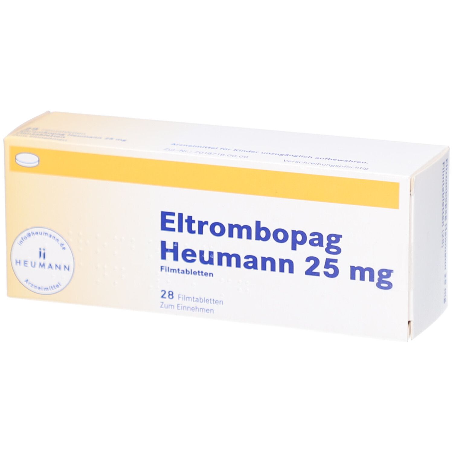 Schachtel mit ELTROMBOPAG Heumann 25 mg Filmtabletten. Aufschrift: 28 Filmtabletten. Logo Heumann. Gelb-weiße Verpackung.
