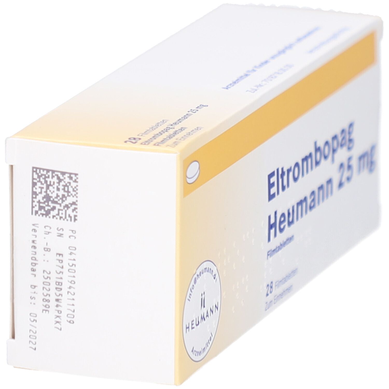 Schachtel ELTROMBOPAG Heumann 25 mg. Aufdruck mit Chargennummer und Verfallsdatum. Logo Heumann. Gelb-weiße Verpackung.