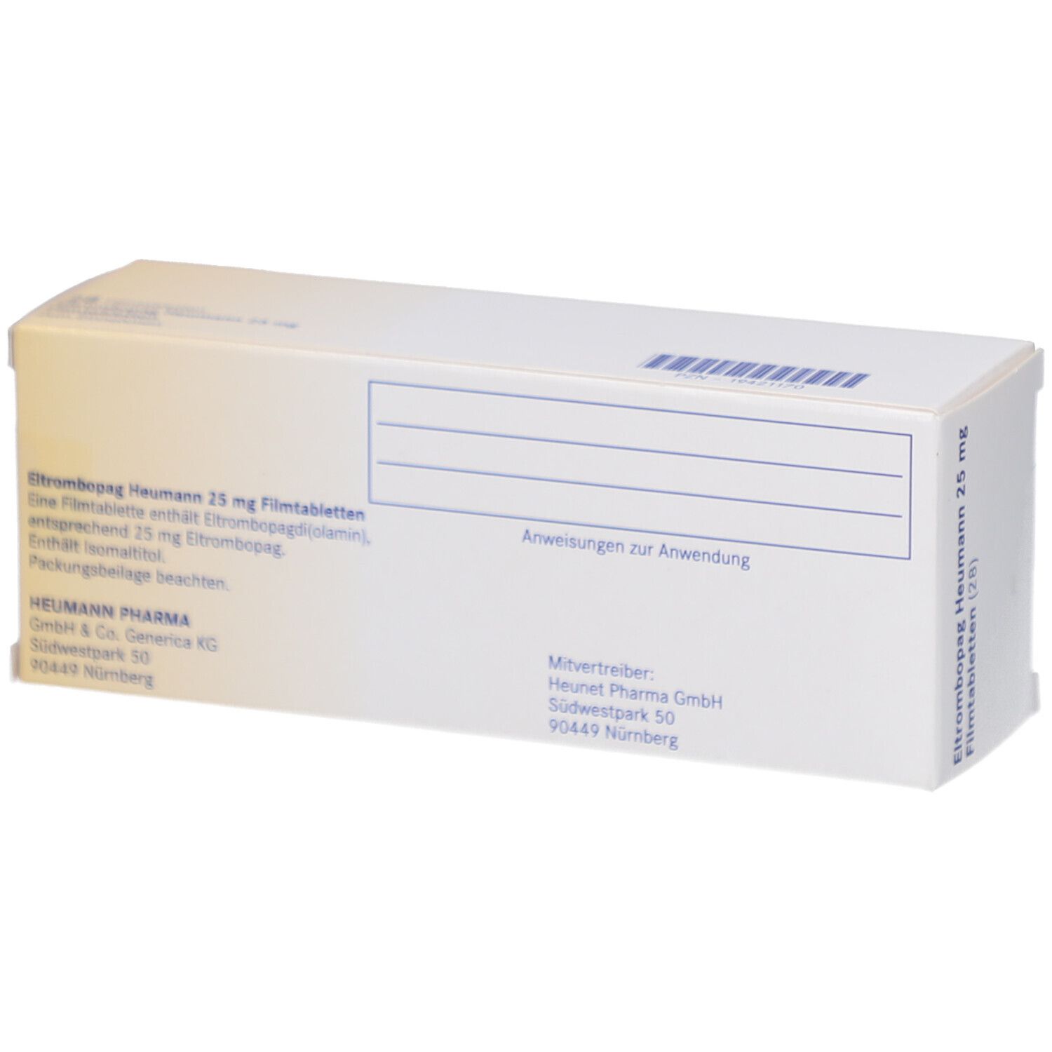 Rückseite der Schachtel ELTROMBOPAG Heumann 25 mg. Textfelder und Logo Heumann Pharma. Weiße Verpackung.