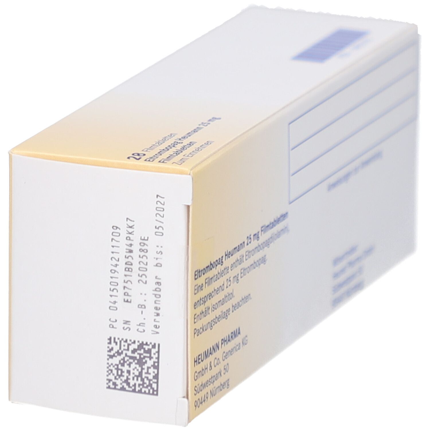 Schachtel ELTROMBOPAG Heumann 25 mg. Aufdruck mit Chargennummer und Verfallsdatum. Logo Heumann. Weiße Verpackung.