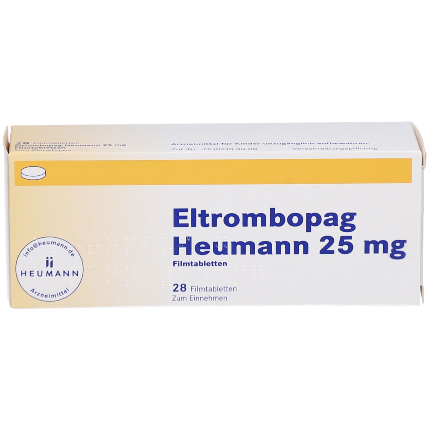 Schachtel "Eltrombopag Heumann 25 mg Filmtabletten". Enthält 28 Tabletten. Logo von Heumann.
