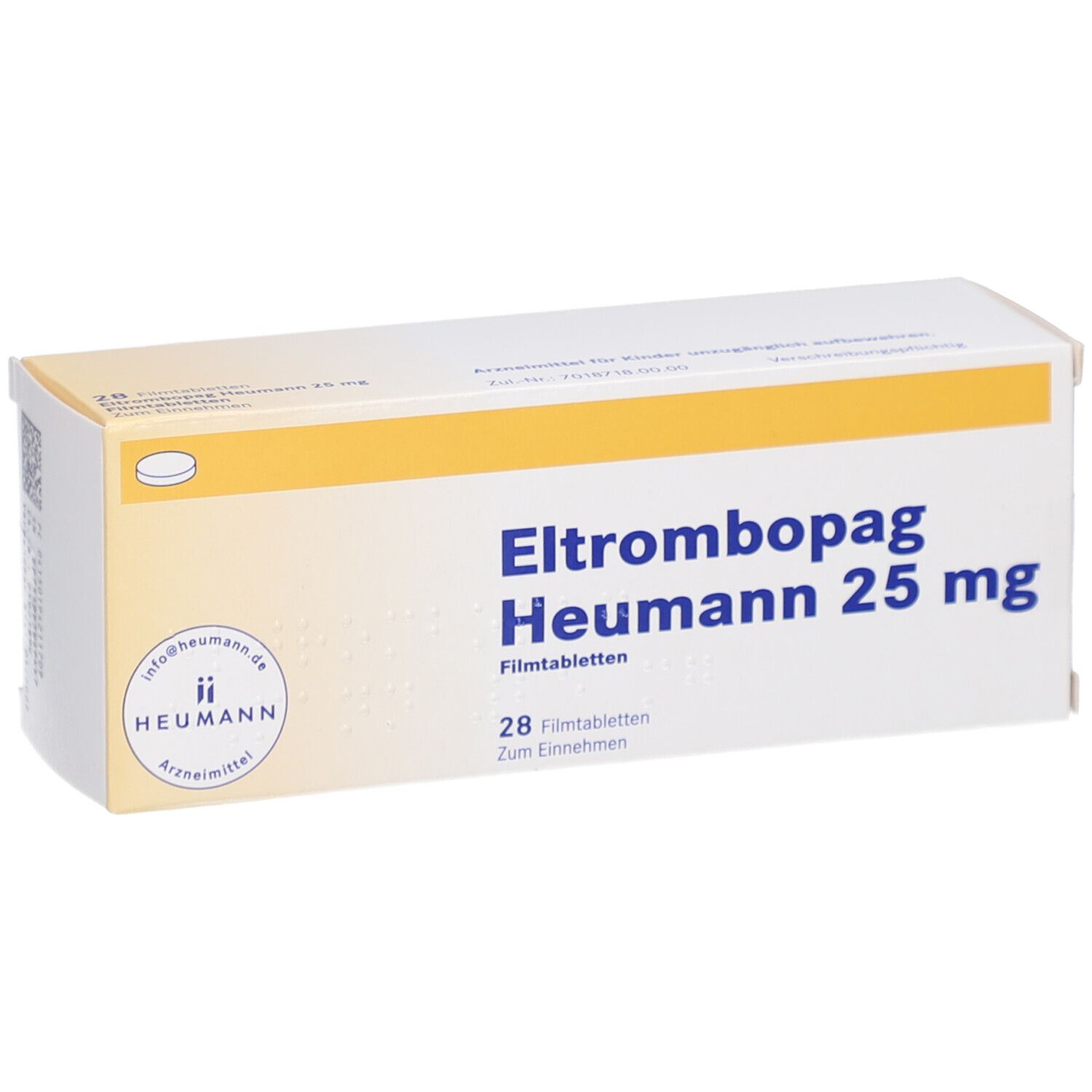 Schachtel mit ELTROMBOPAG Heumann 25 mg Filmtabletten. Aufschrift: 28 Filmtabletten. Logo Heumann. Gelb-weiße Verpackung.