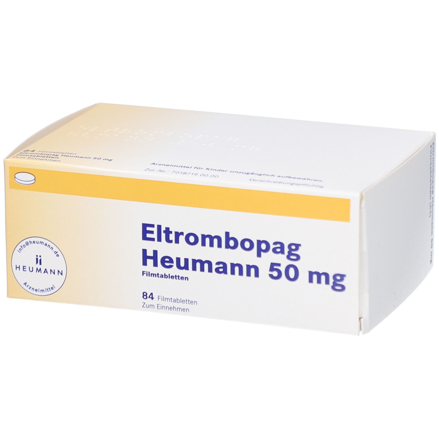 Arzneimittelpackung mit "Eltrombopag Heumann 50 mg". Enthält 84 Filmtabletten. Logo Heumann. Gelb-weiße Verpackung.