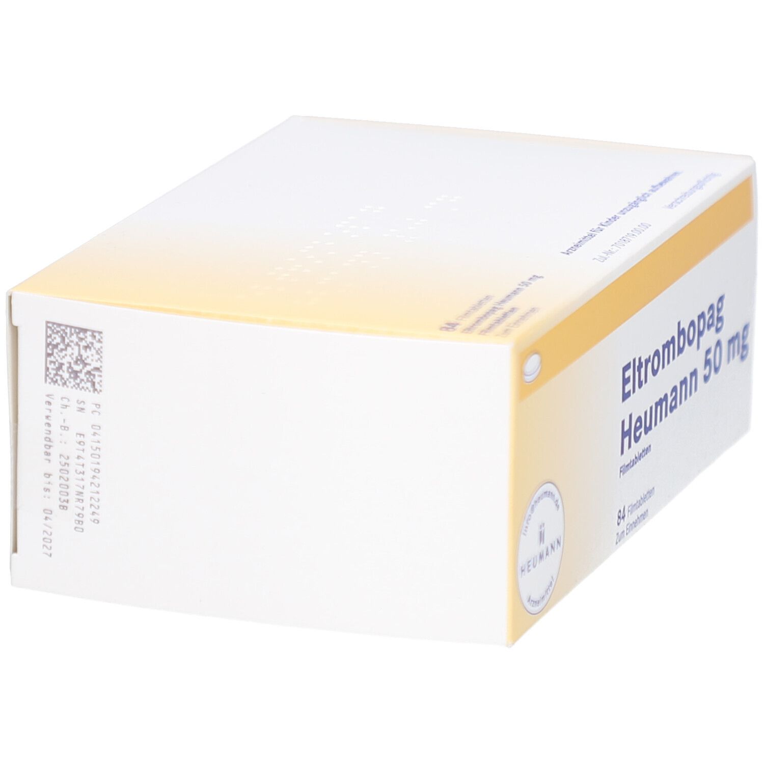 Seitenansicht der Arzneimittelpackung "Eltrombopag Heumann 50 mg". Weiße Verpackung mit gelbem Akzent. Barcode und Text.