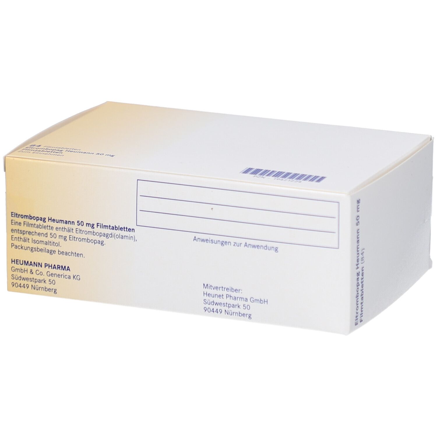 Rückseite der Arzneimittelpackung "Eltrombopag Heumann 50 mg". Weiße Verpackung mit Text und Barcode.