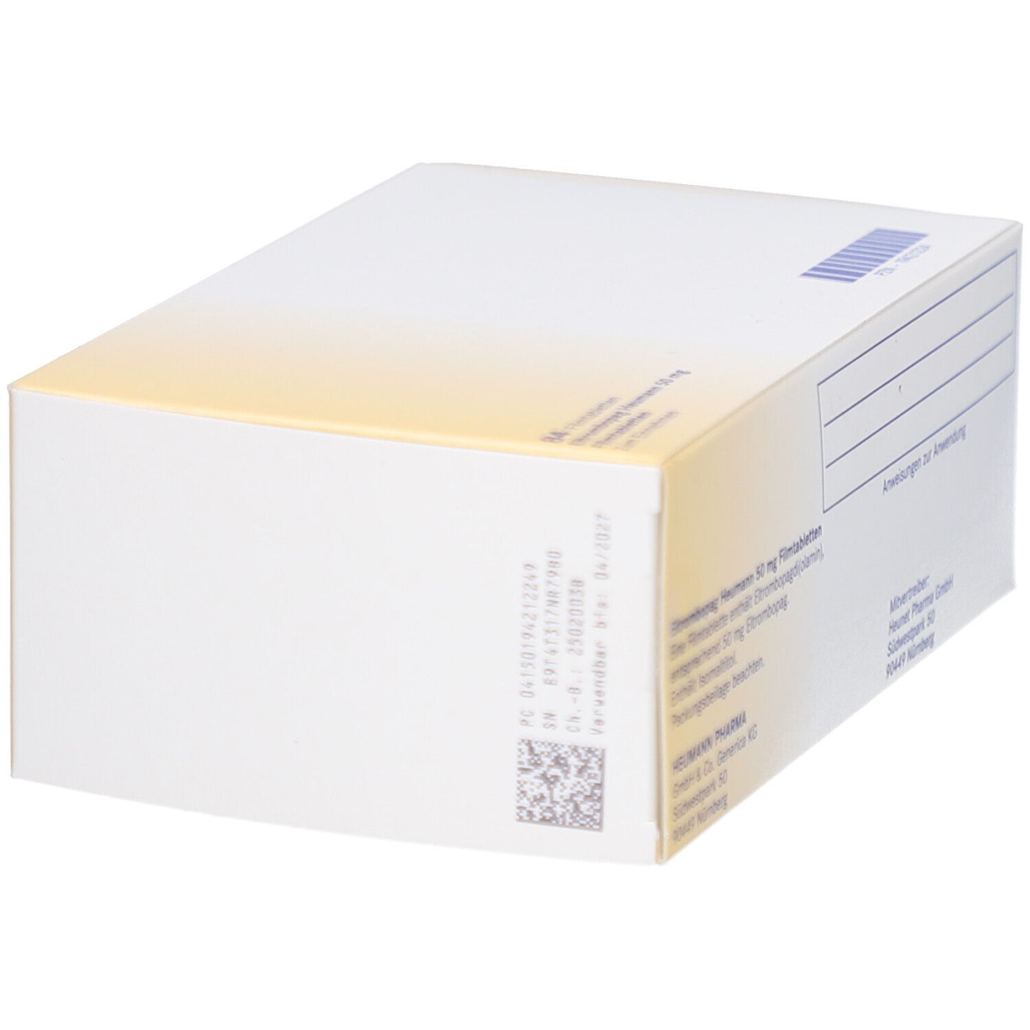 Seitenansicht der Arzneimittelpackung "Eltrombopag Heumann 50 mg". Weiße Verpackung mit gelbem Akzent. Text und Code.
