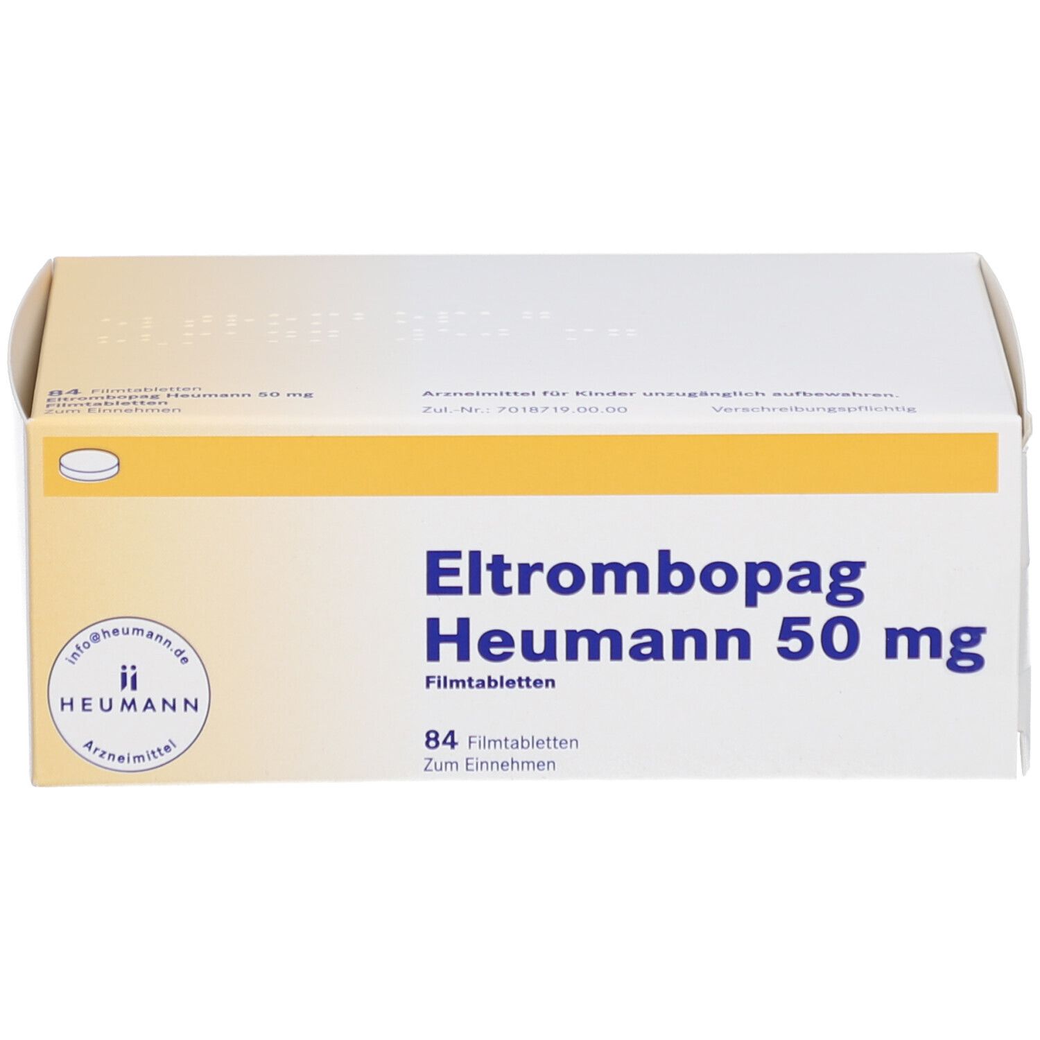 Arzneimittelpackung "Eltrombopag Heumann 50 mg". Enthält 84 Filmtabletten. Logo Heumann. Gelb-weiße Verpackung.