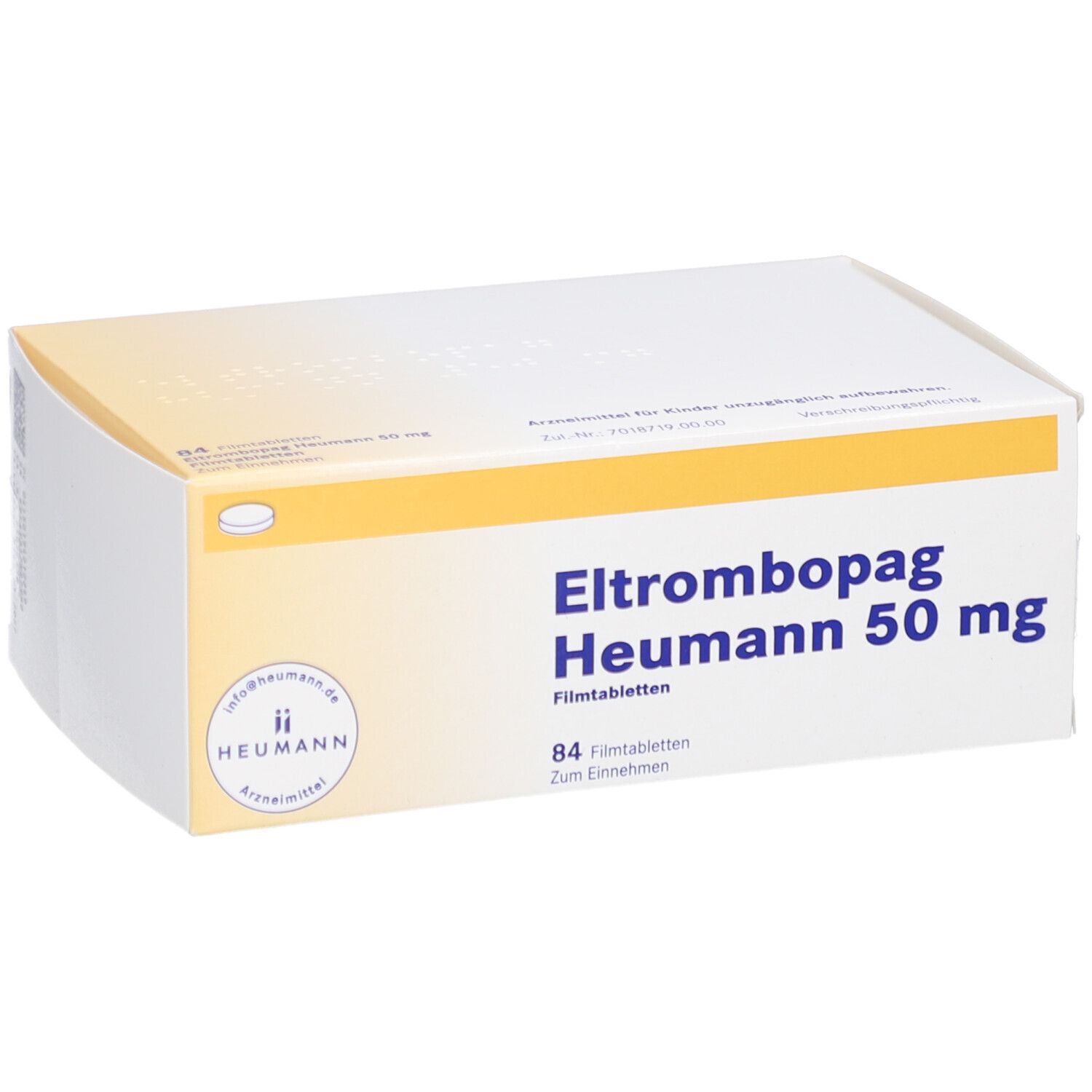 Arzneimittelpackung "Eltrombopag Heumann 50 mg". Enthält 84 Filmtabletten. Gelb-weiße Verpackung. Logo Heumann.
