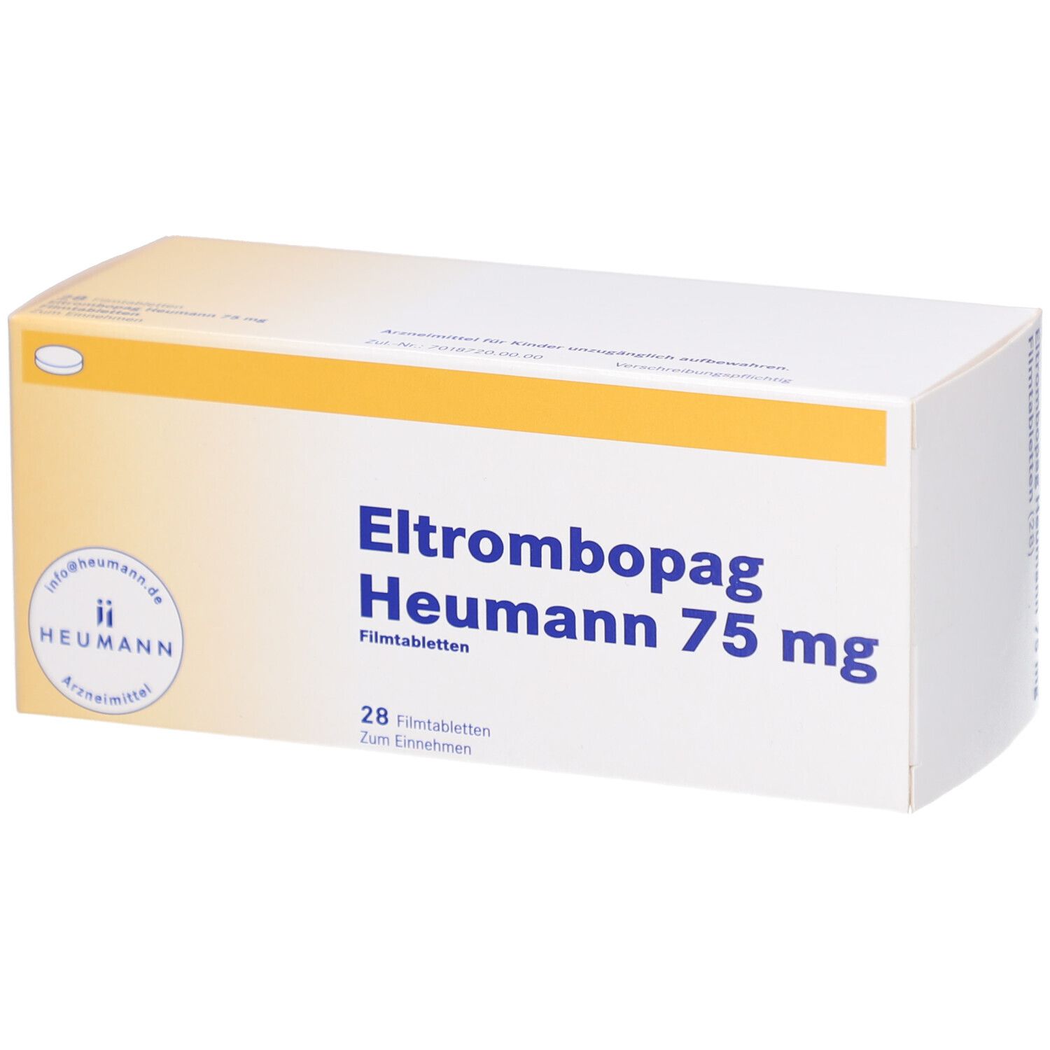 Schachtel mit Aufschrift Eltrombopag Heumann 75 mg. 28 Filmtabletten. Logo Heumann.