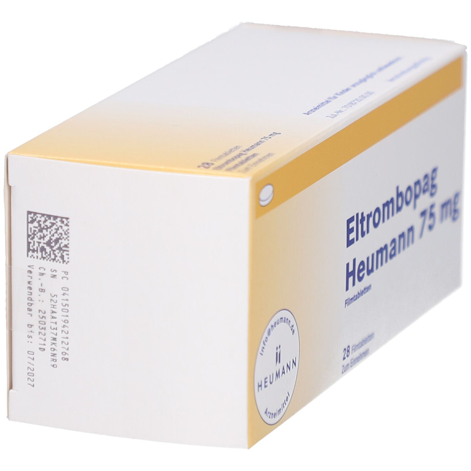 Schachtel Eltrombopag Heumann 75 mg. Seitenansicht mit Barcode und Chargennummer.