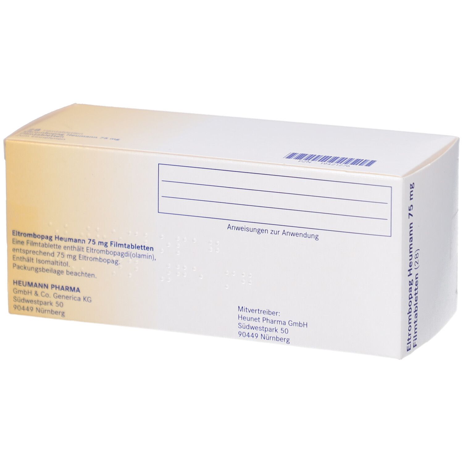 Rückseite der Schachtel Eltrombopag Heumann 75 mg. Text: Anwendungshinweise.