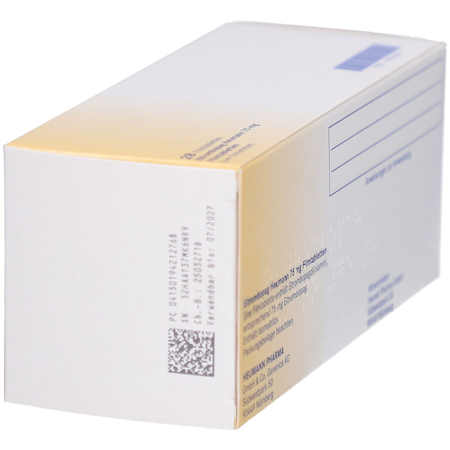 Schachtel Eltrombopag Heumann 75 mg. Seitenansicht mit Barcode und Chargennummer.