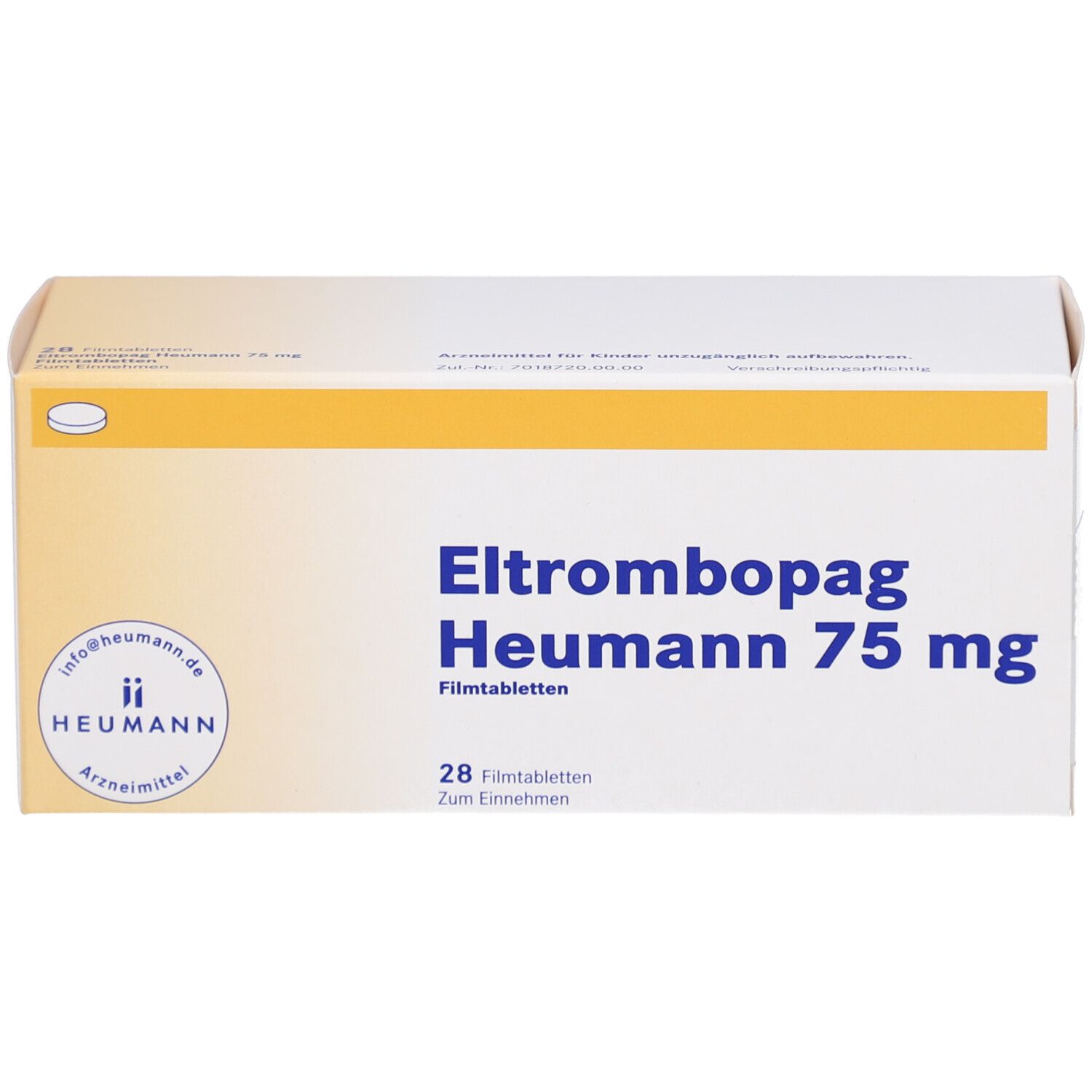 Schachtel Eltrombopag Heumann 75 mg. Aufschrift: 28 Filmtabletten. Logo Heumann.