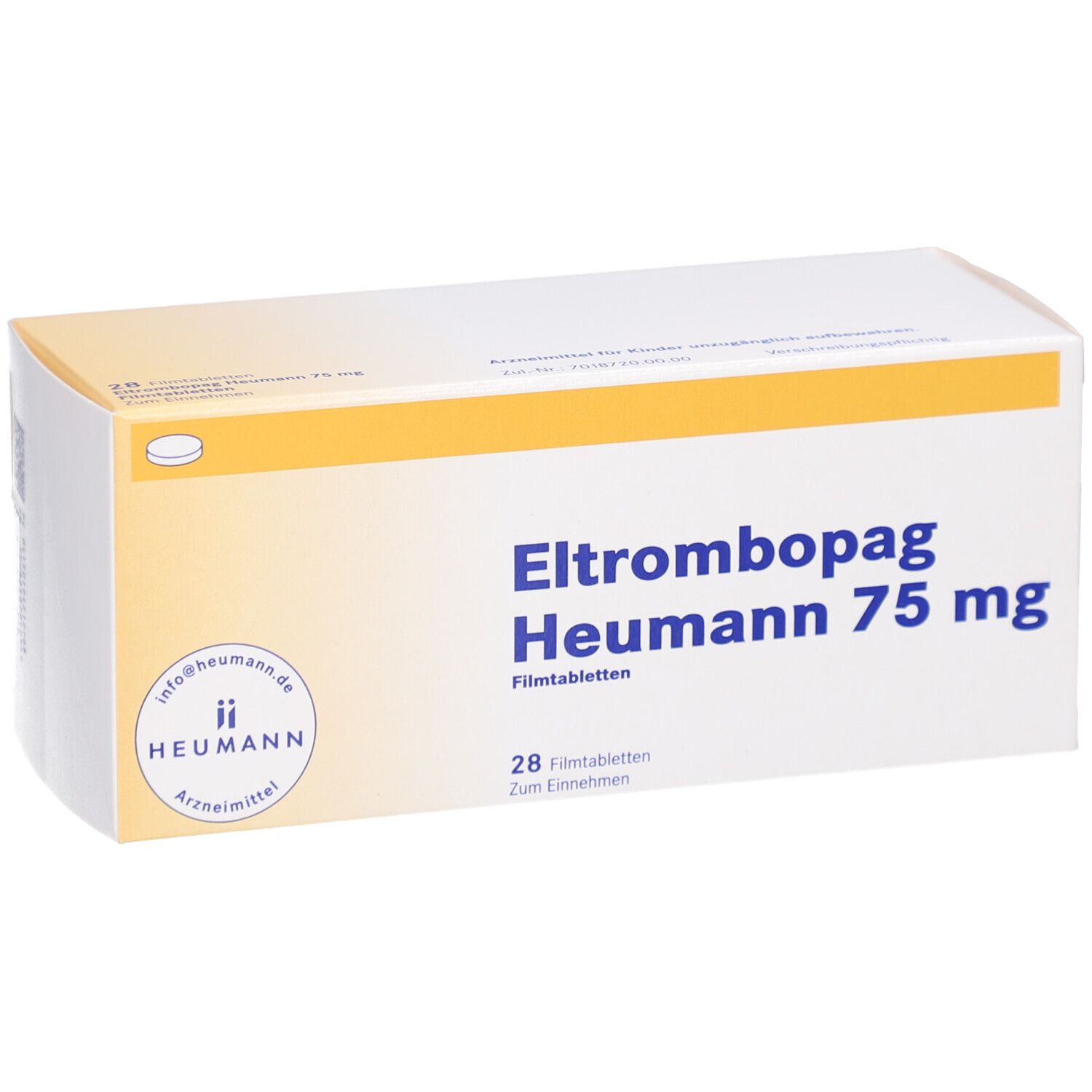Schachtel Eltrombopag Heumann 75 mg. Aufschrift: 28 Filmtabletten. Logo Heumann.