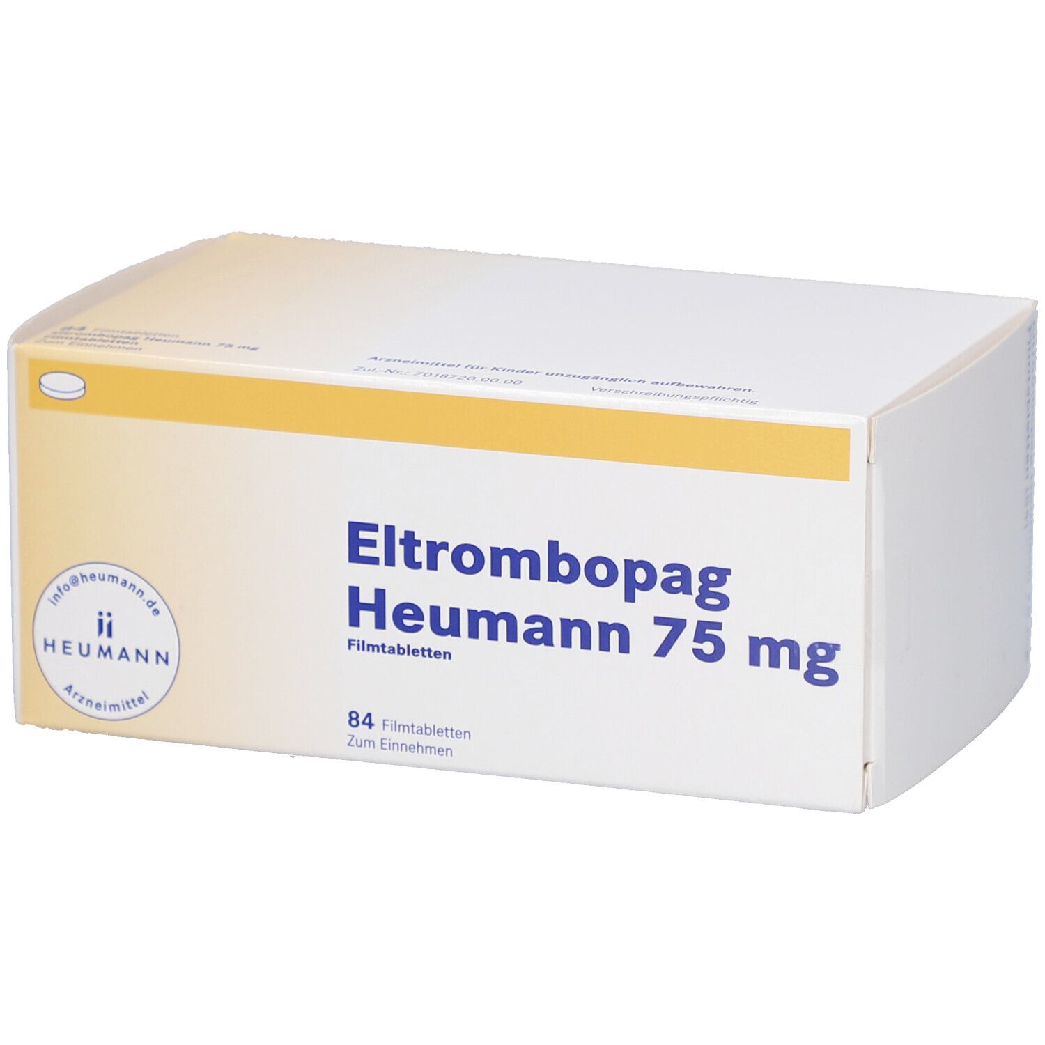 Schachtel mit ELTROMBOPAG Heumann 75 mg Filmtabletten. Aufschrift: 84 Filmtabletten. Logo Heumann.