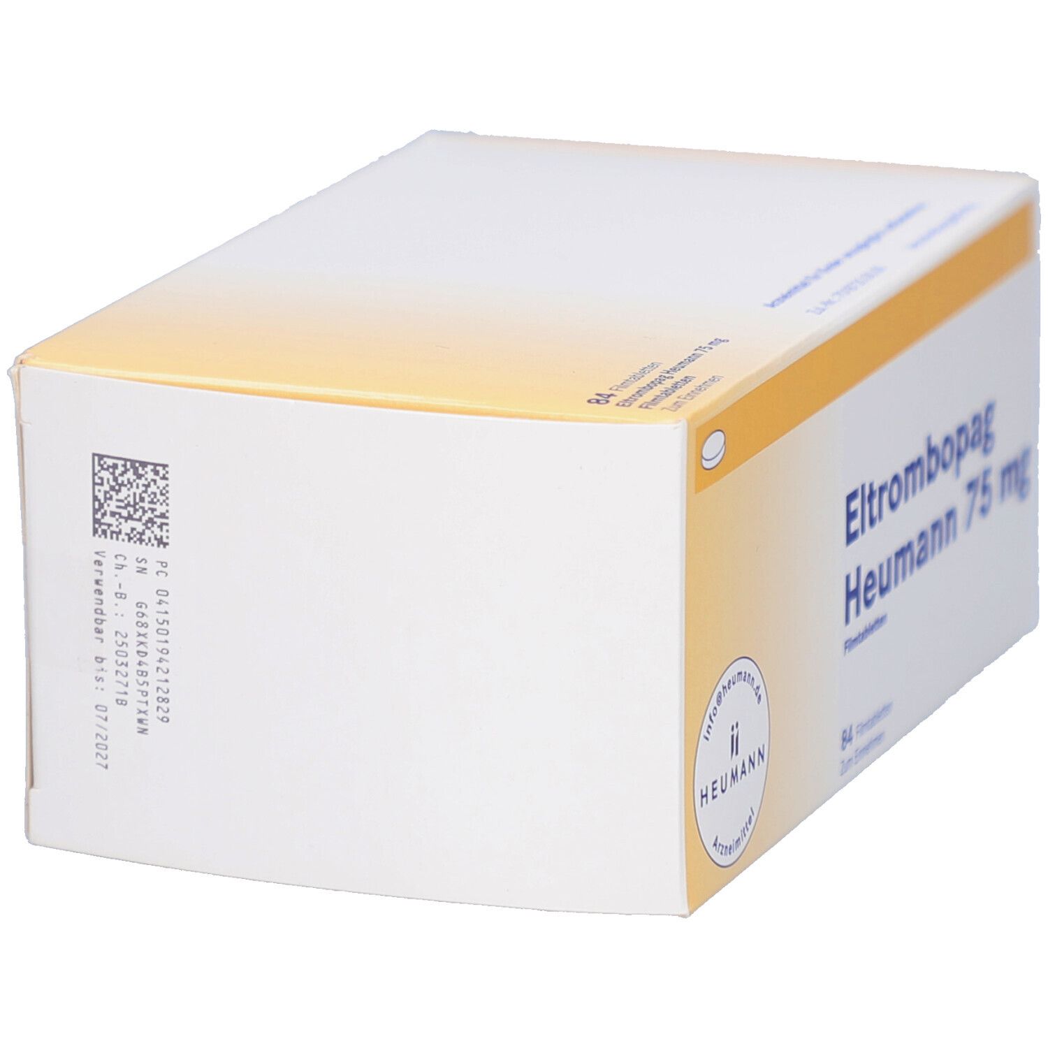 Seitenansicht der Schachtel mit ELTROMBOPAG Heumann 75 mg Filmtabletten. Barcode und Logo Heumann.