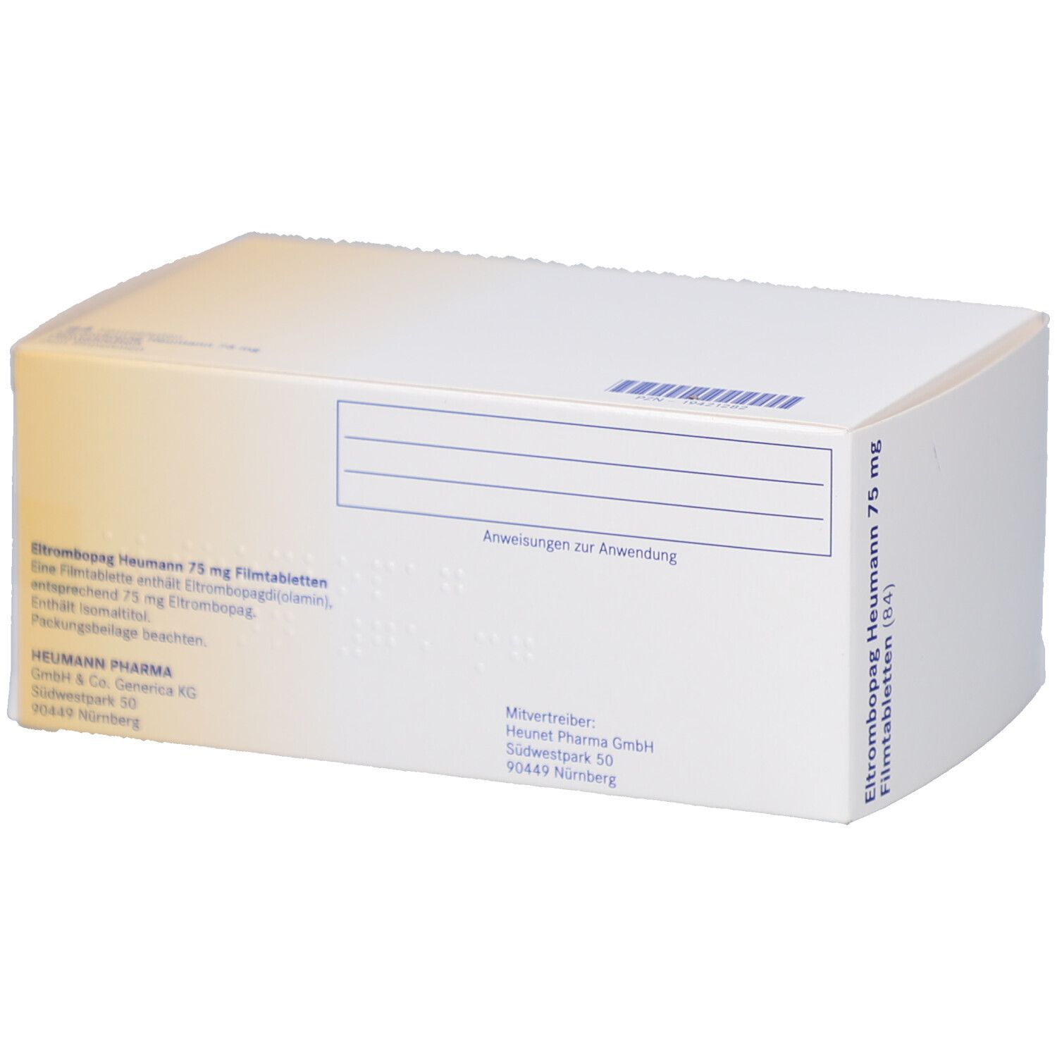 Rückseite der Schachtel mit ELTROMBOPAG Heumann 75 mg Filmtabletten. Text und Logo Heumann.