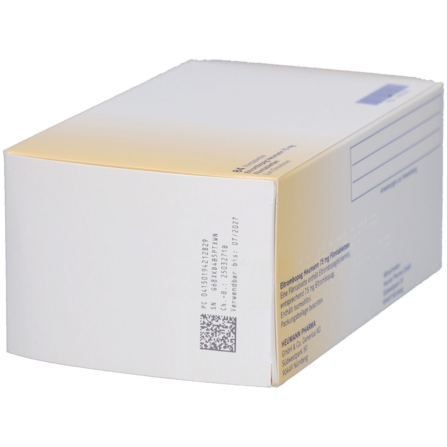 Seitenansicht der Schachtel mit ELTROMBOPAG Heumann 75 mg Filmtabletten. Barcode und Text.