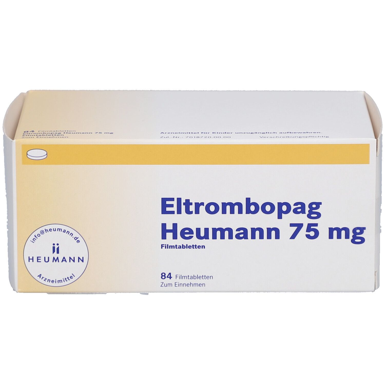 Schachtel mit ELTROMBOPAG Heumann 75 mg Filmtabletten. Aufschrift: 84 Filmtabletten. Logo Heumann.