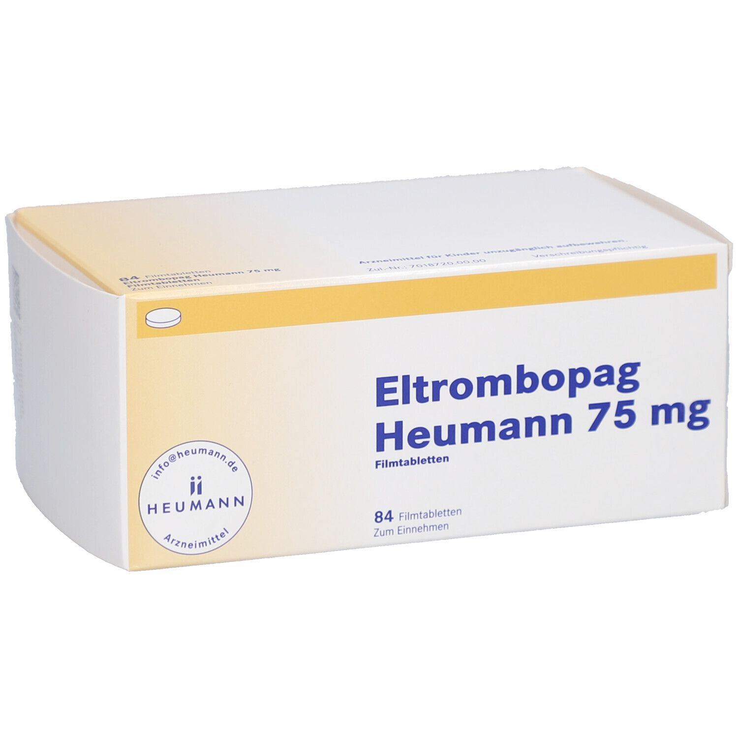 Schachtel mit ELTROMBOPAG Heumann 75 mg Filmtabletten. Aufschrift: 84 Filmtabletten. Logo Heumann.
