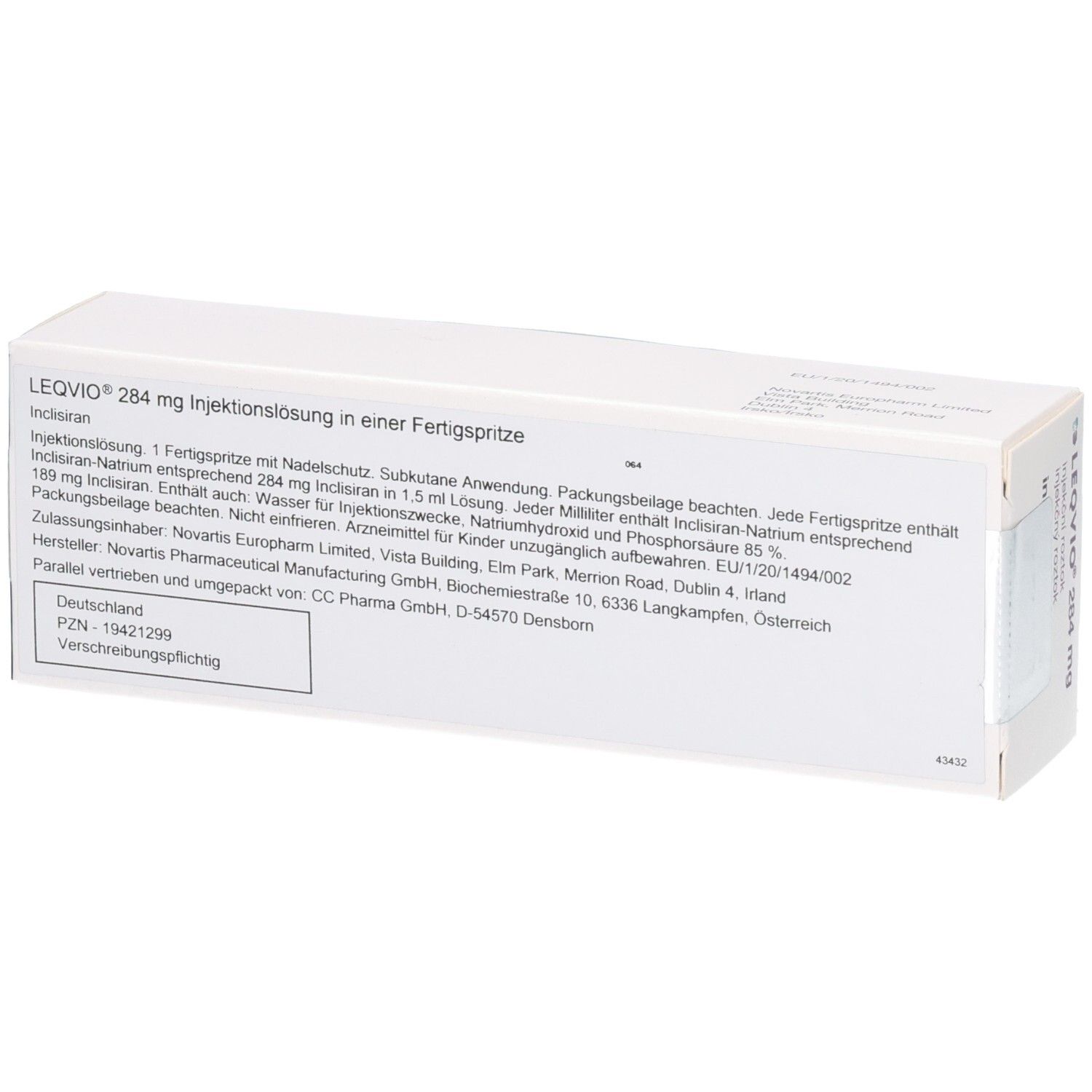LEQVIO 284 mg Injektionslösung in einer Fertigspritze. Enthält Inclisiran.