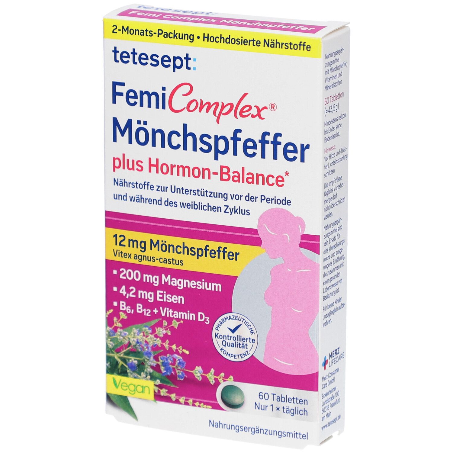 tetesept FemiComplex Mönchspfeffer plus Hormon-Balance. Packung mit 60 Tabletten. Enthält 12mg Mönchspfeffer, Magnesium, Eisen, Vitamine.