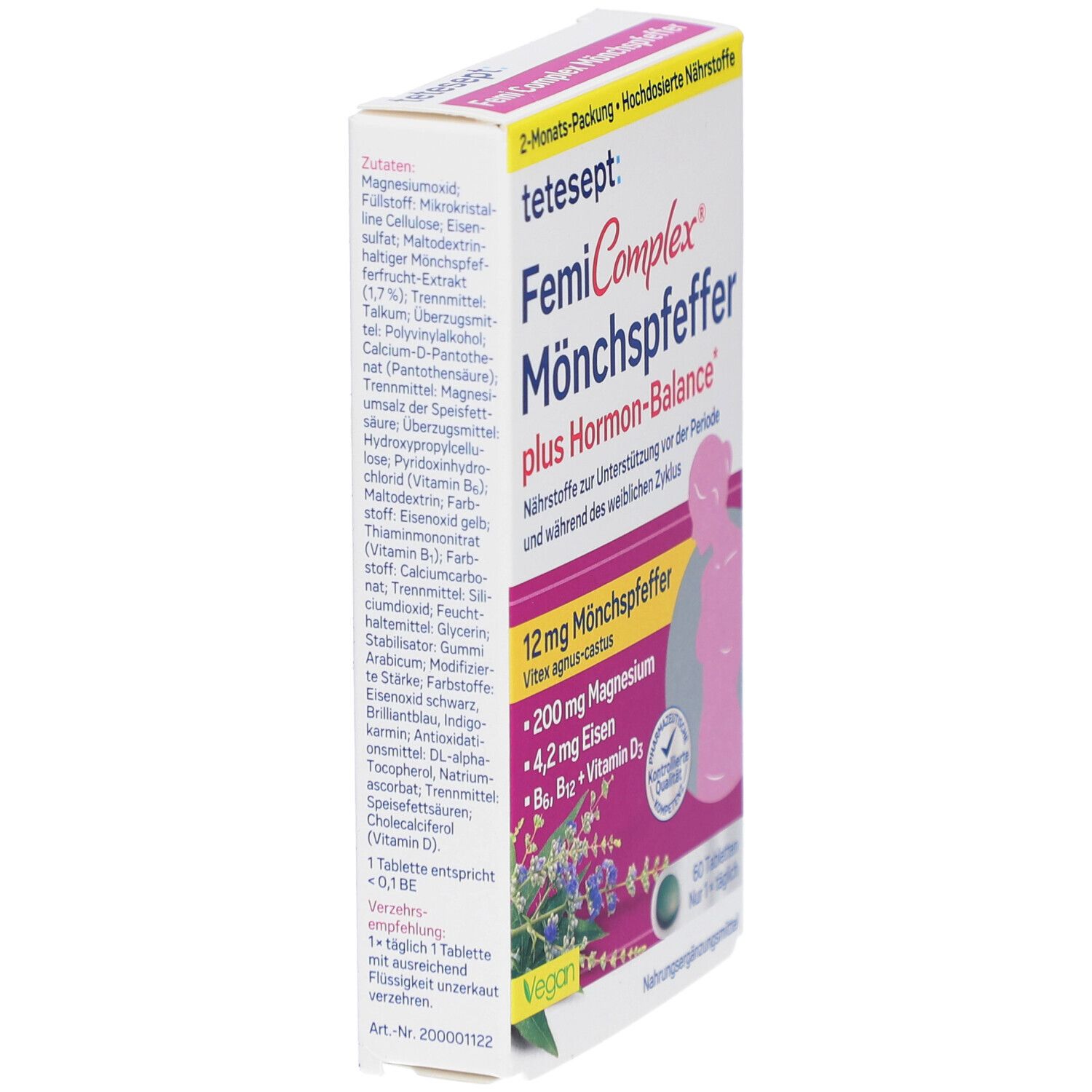 tetesept FemiComplex Mönchspfeffer plus Hormon-Balance. Packung, Seitenansicht. Enthält 60 Tabletten. Inhaltsstoffe und Nährwerte.