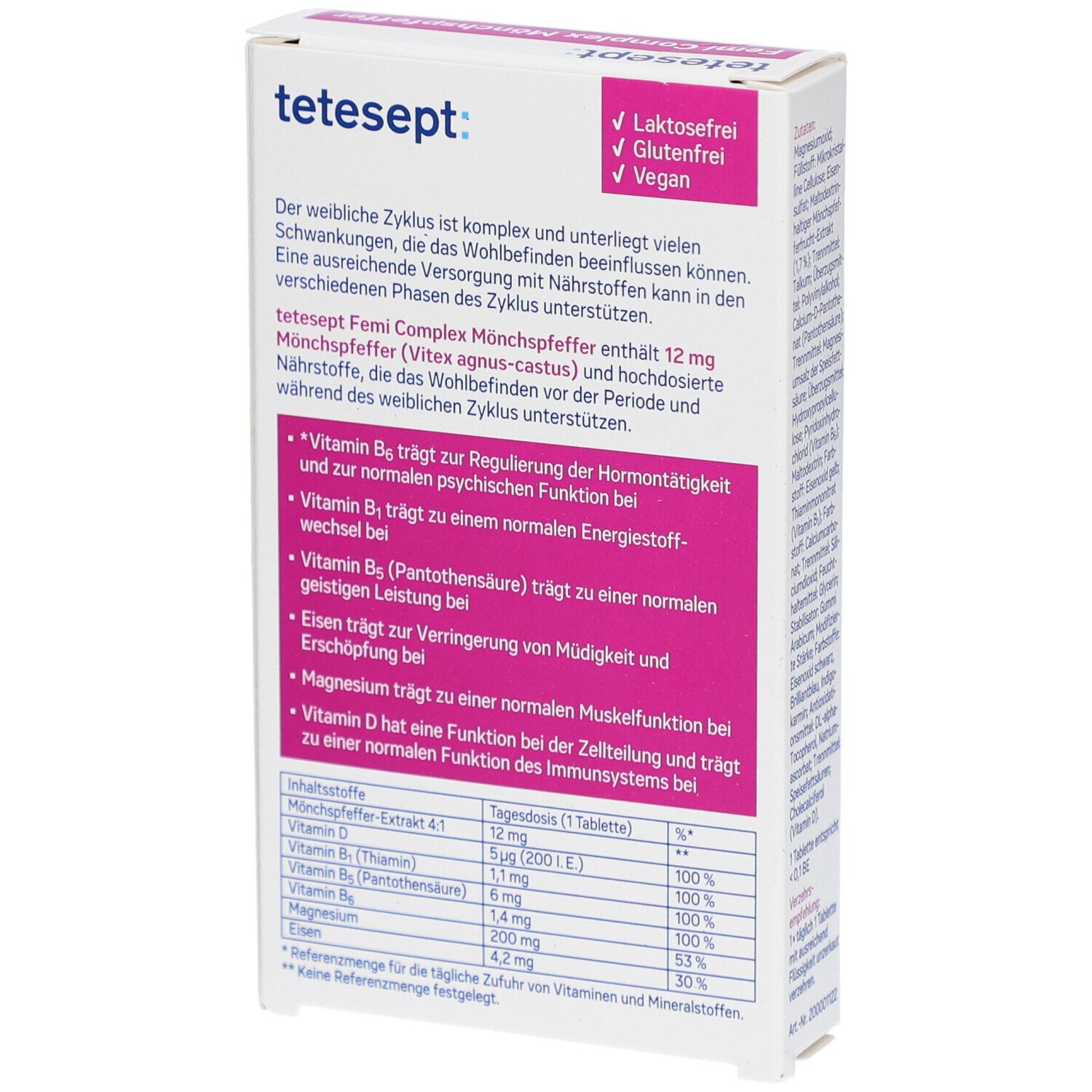 tetesept FemiComplex Mönchspfeffer plus Hormon-Balance. Rückseite der Packung. Informationen zu Inhaltsstoffen und Anwendung.