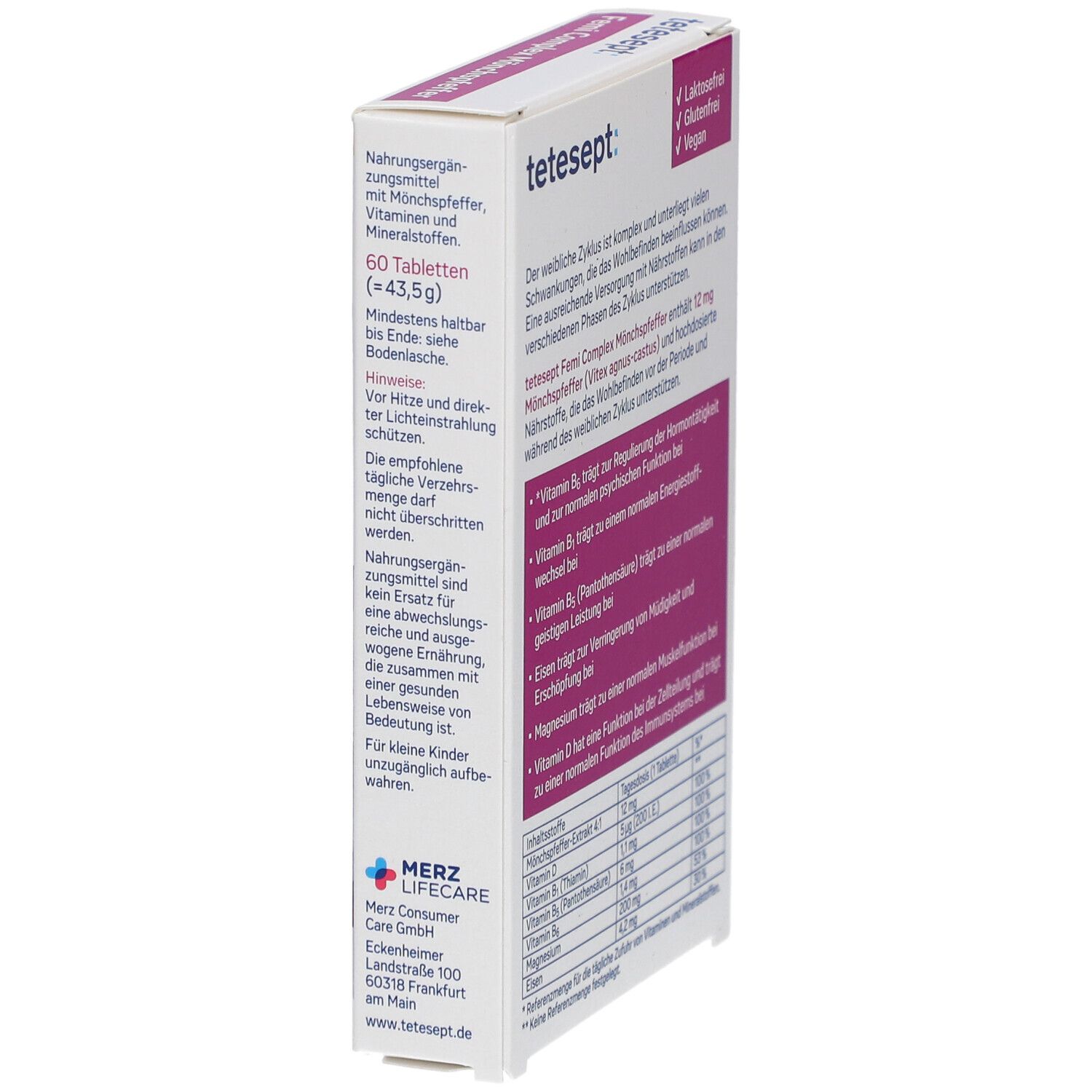 tetesept FemiComplex Mönchspfeffer plus Hormon-Balance. Packung, Seitenansicht. Informationen zu Inhaltsstoffen und Anwendung.