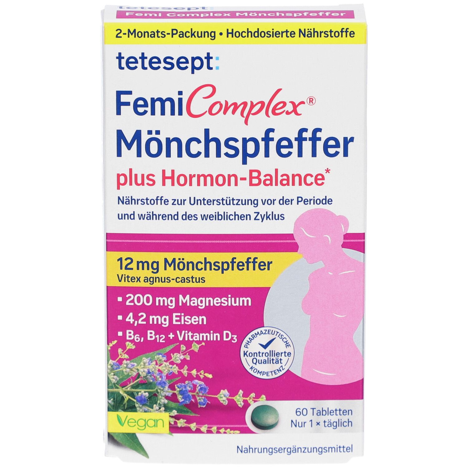 tetesept FemiComplex Mönchspfeffer plus Hormon-Balance. Packung mit 60 Tabletten. Enthält 12mg Mönchspfeffer, Magnesium, Eisen, Vitamine.
