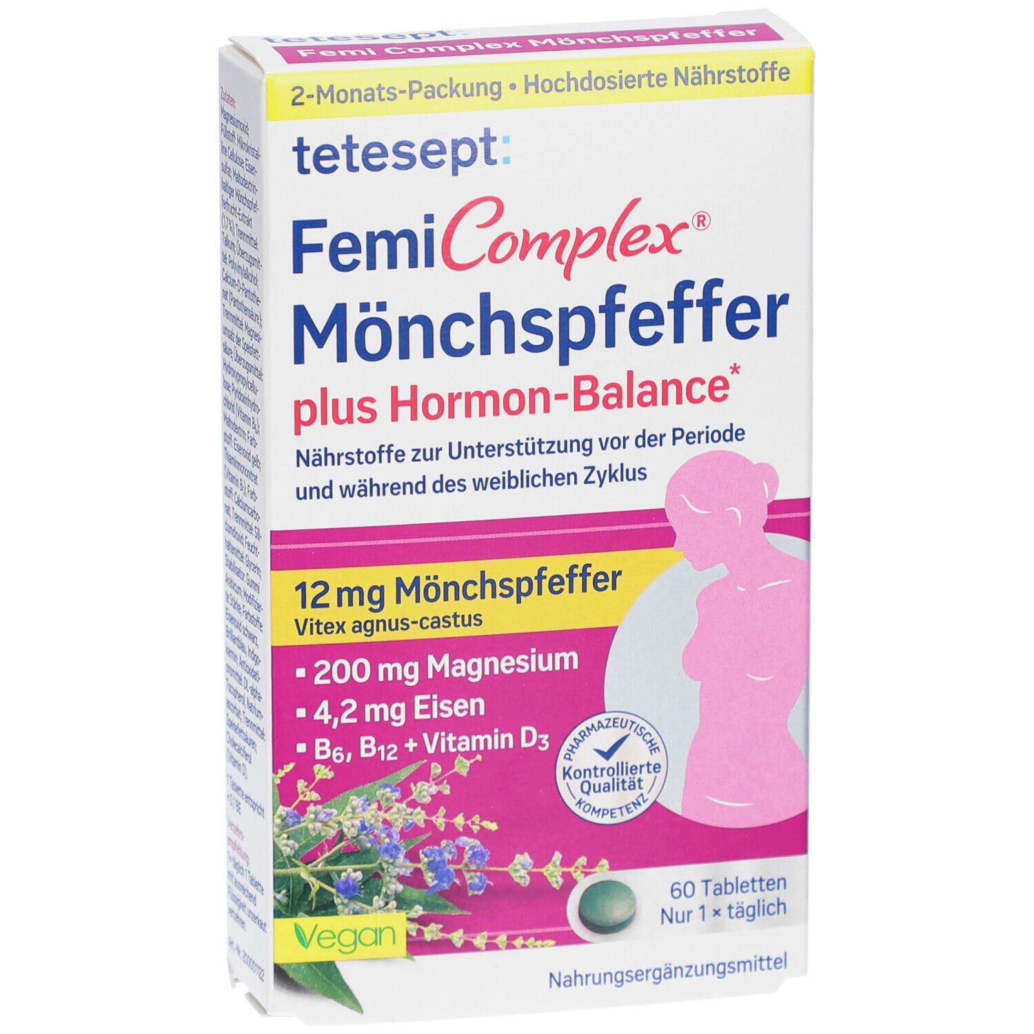 tetesept FemiComplex Mönchspfeffer plus Hormon-Balance. Packung mit 60 Tabletten. Enthält 12mg Mönchspfeffer, Magnesium, Eisen, Vitamine.