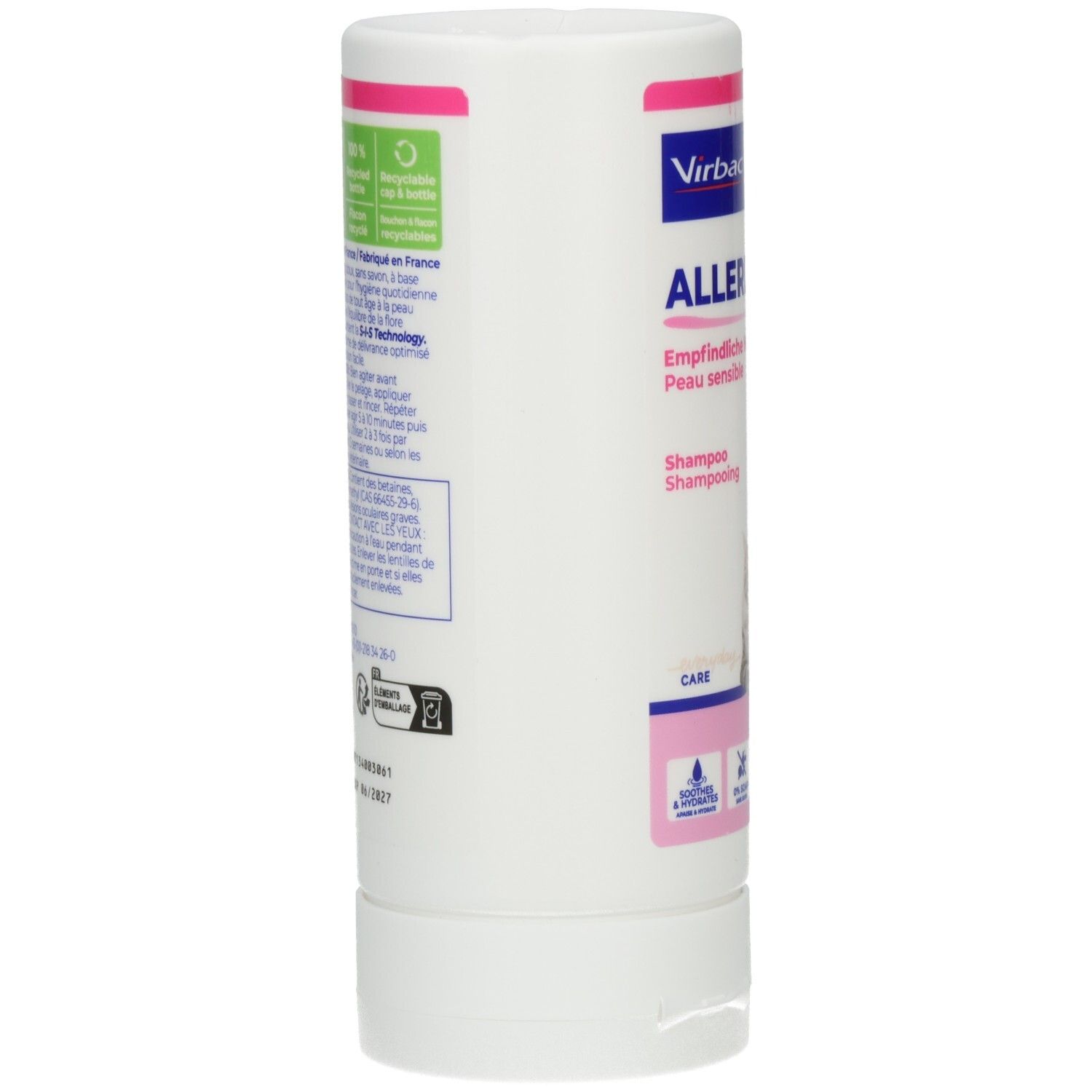 Weiße Flasche, Seitenansicht. Aufschrift ALLERDERM, empfindliche Haut. Text und Logos. Hergestellt in Frankreich. ECO-Logo.