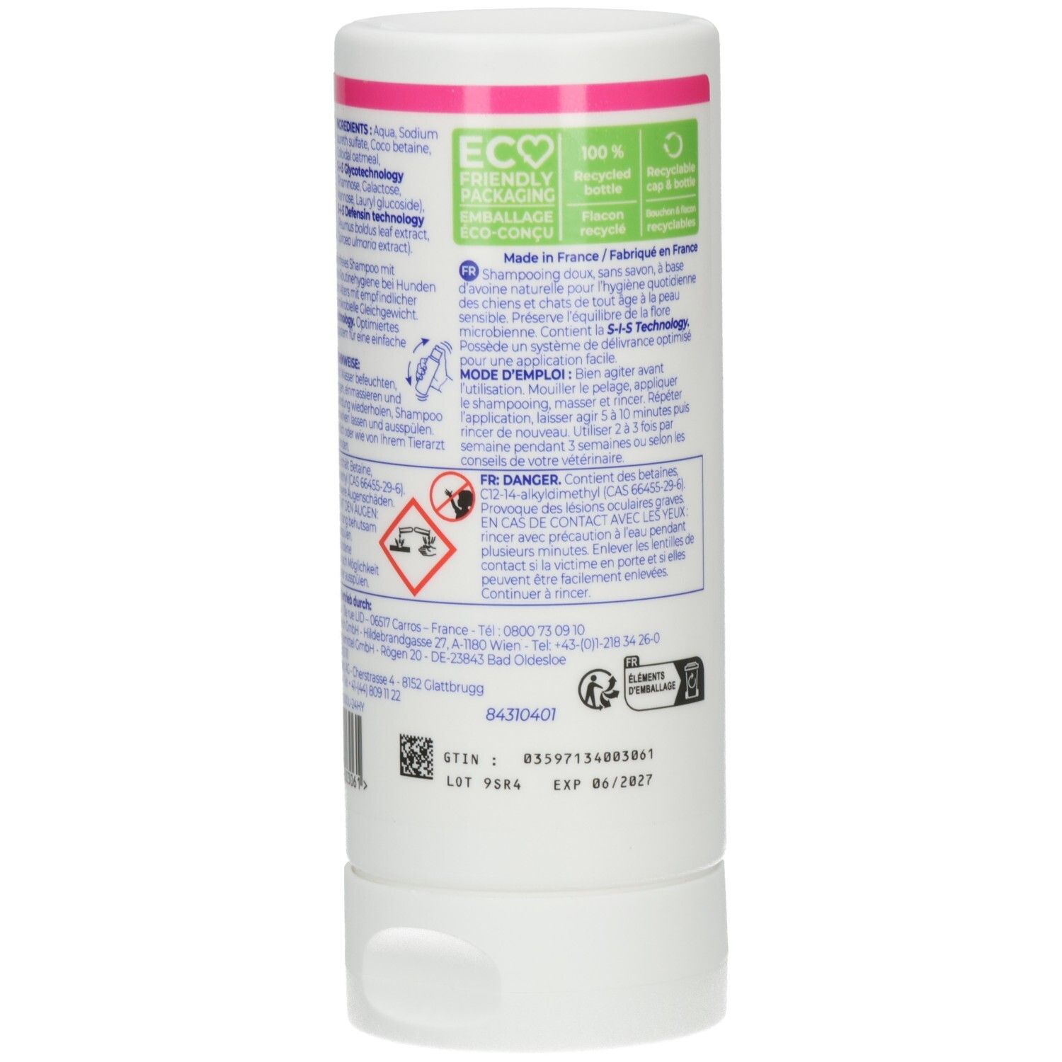 Rückseite der weißen Flasche. Text in mehreren Sprachen. Inhaltsstoffe, Anwendungshinweise, Warnhinweise. ECO-Logo. QR-Code.