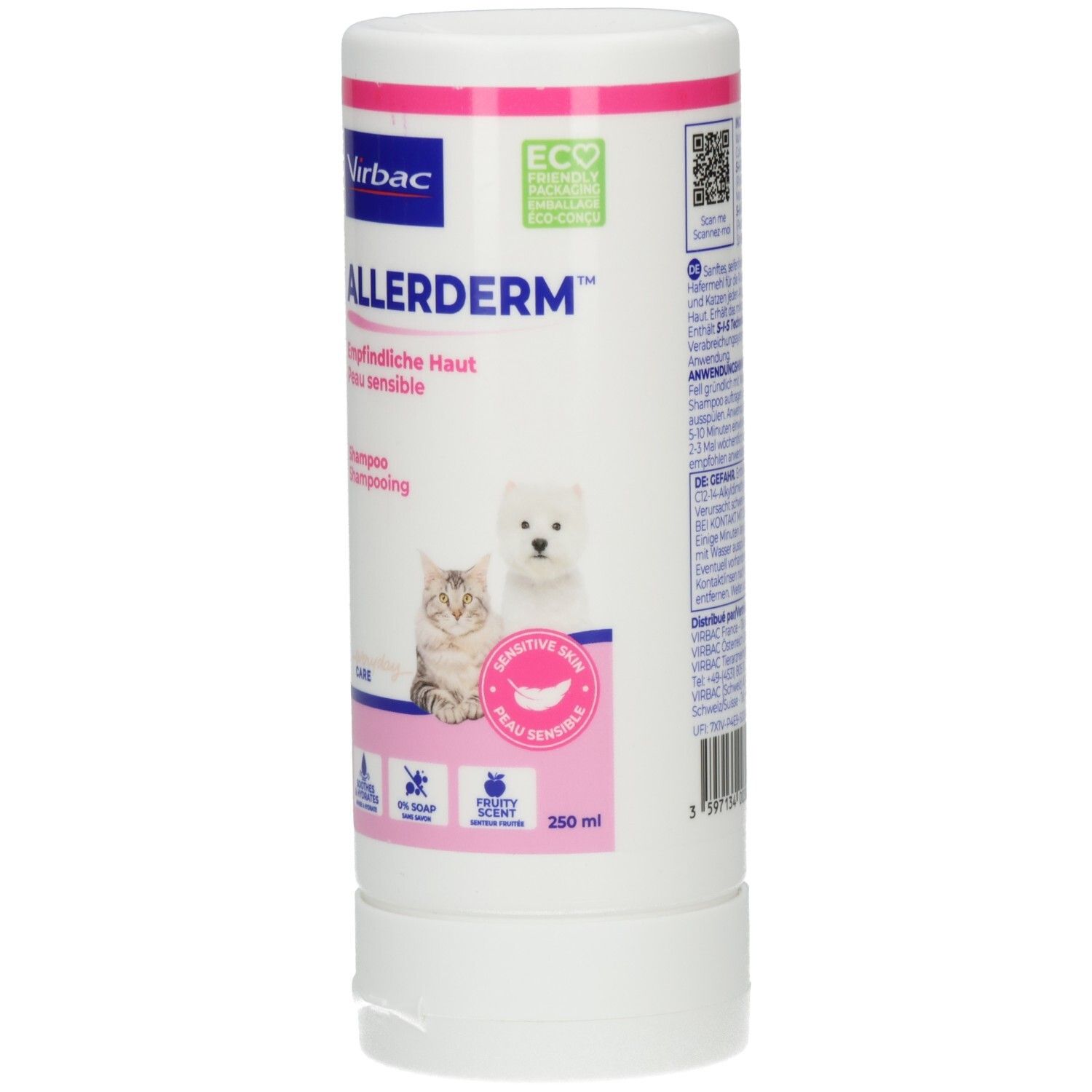 Weiße Flasche mit rosa Akzenten. Aufschrift ALLERDERM, empfindliche Haut. Abbildung Katze und Hund. ECO-Logo. QR-Code.
