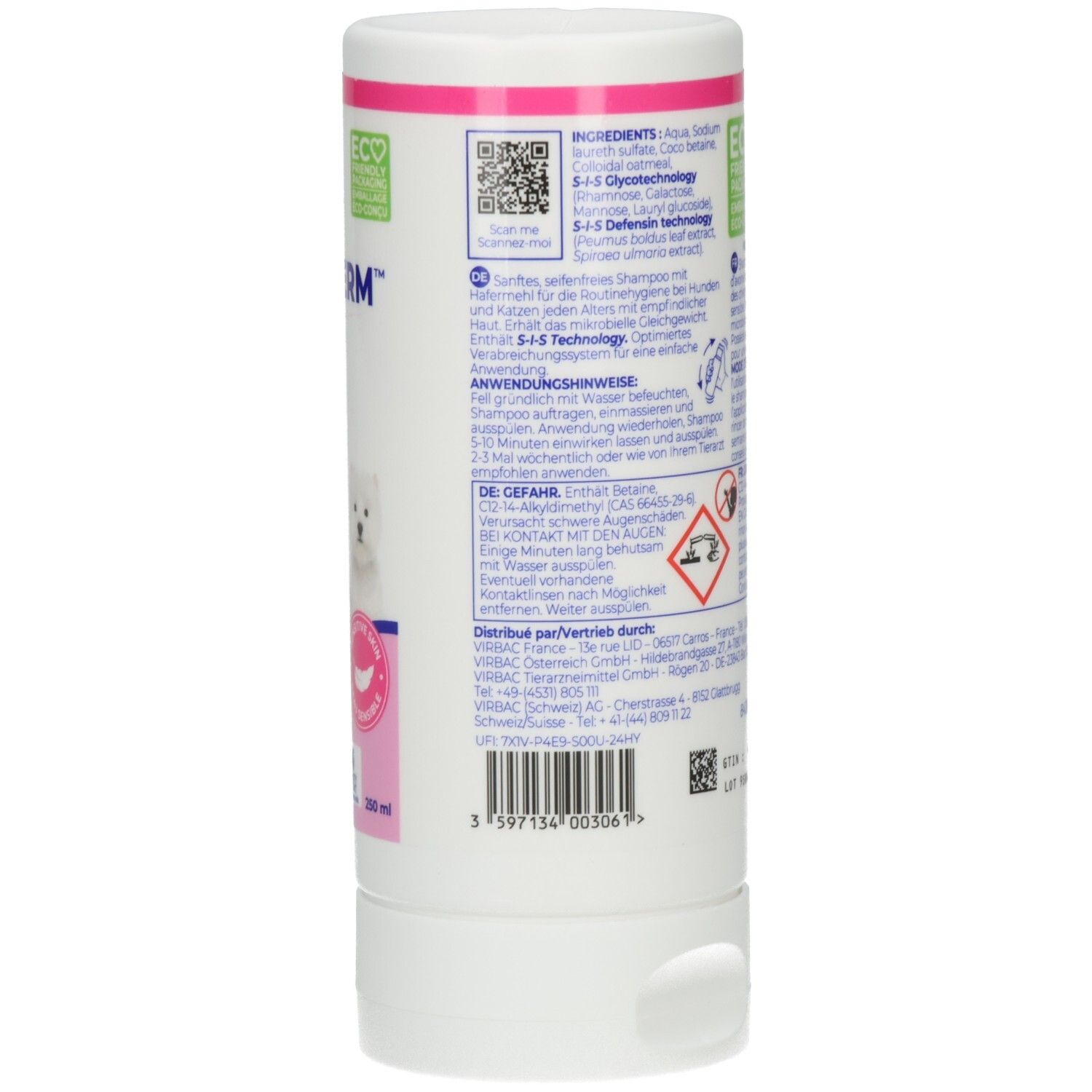 Rückseite der weißen Flasche. Text in mehreren Sprachen. Inhaltsstoffe, Anwendungshinweise, Warnhinweise. QR-Code. Barcode.