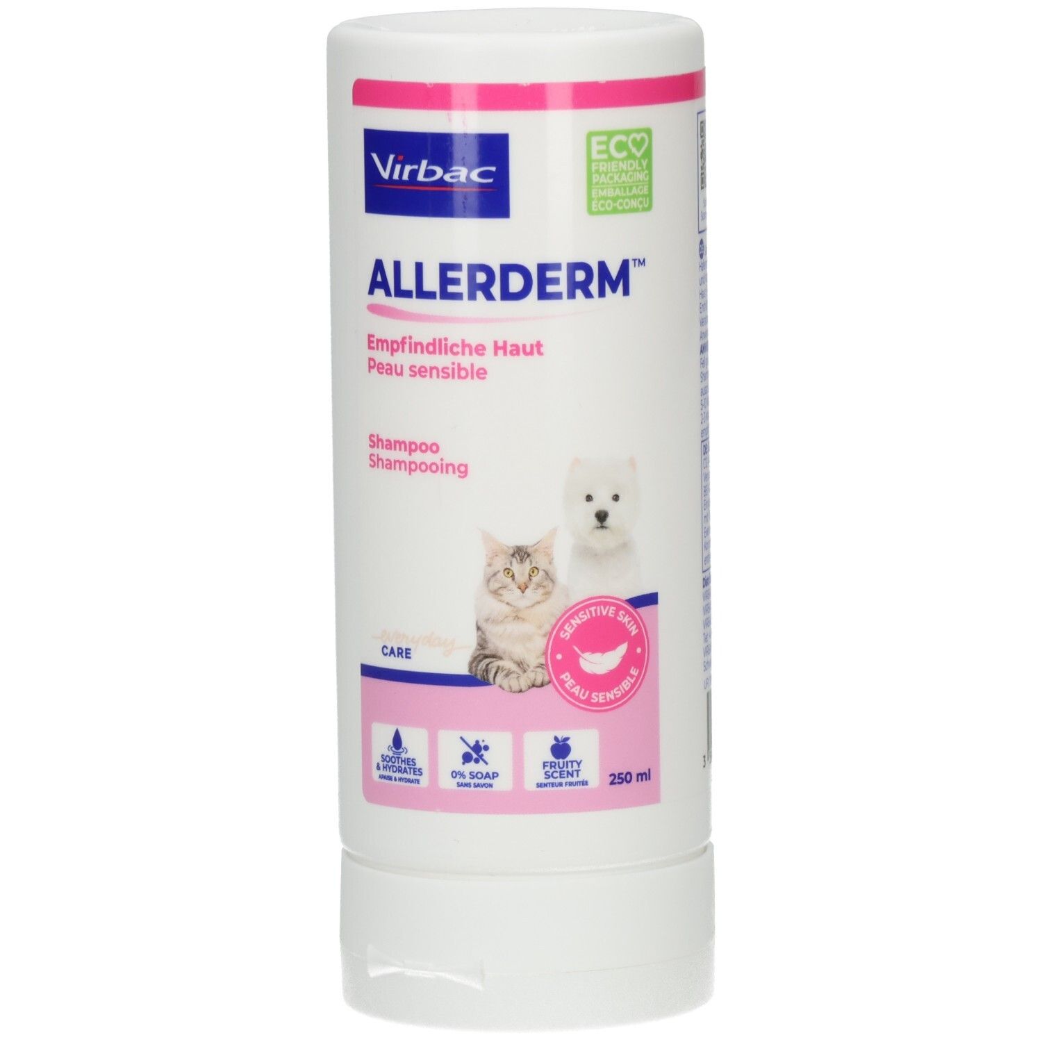 Weiße Flasche mit rosa Akzenten. Aufschrift ALLERDERM, empfindliche Haut. Abbildung Katze und Hund. ECO-Logo. Shampoo.