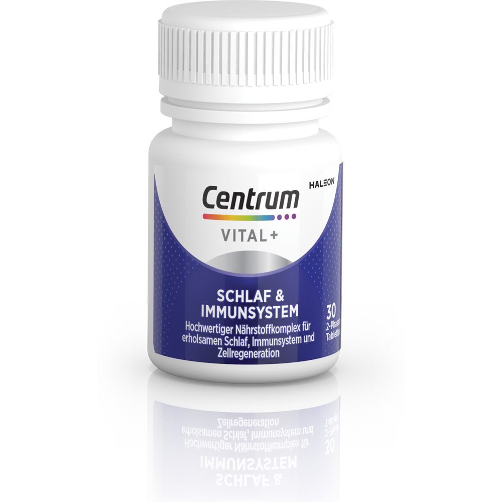 Weiße Flasche mit Kappe. Aufschrift: Centrum Vital+ Schlaf & Immunsystem. 30 Tabletten.