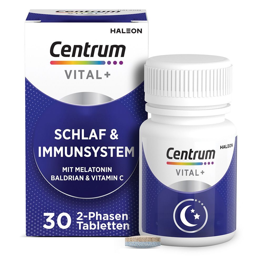 Verpackung und Flasche. Aufschrift: Centrum Vital+ Schlaf & Immunsystem. 30 Tabletten. 2-Phasen Tabletten.