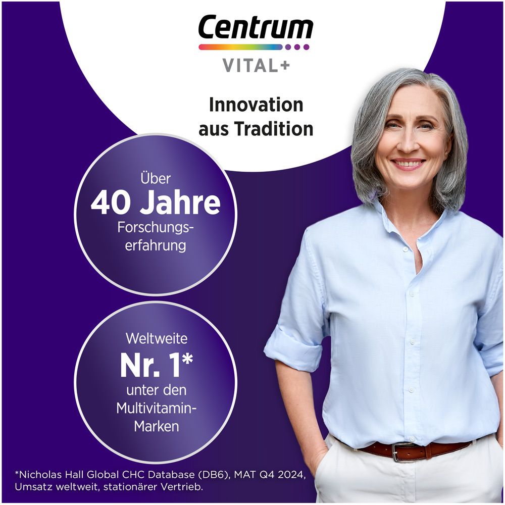 Frau lächelt. Text: Innovation aus Tradition. Über 40 Jahre Forschungserfahrung. Weltweite Nr. 1.