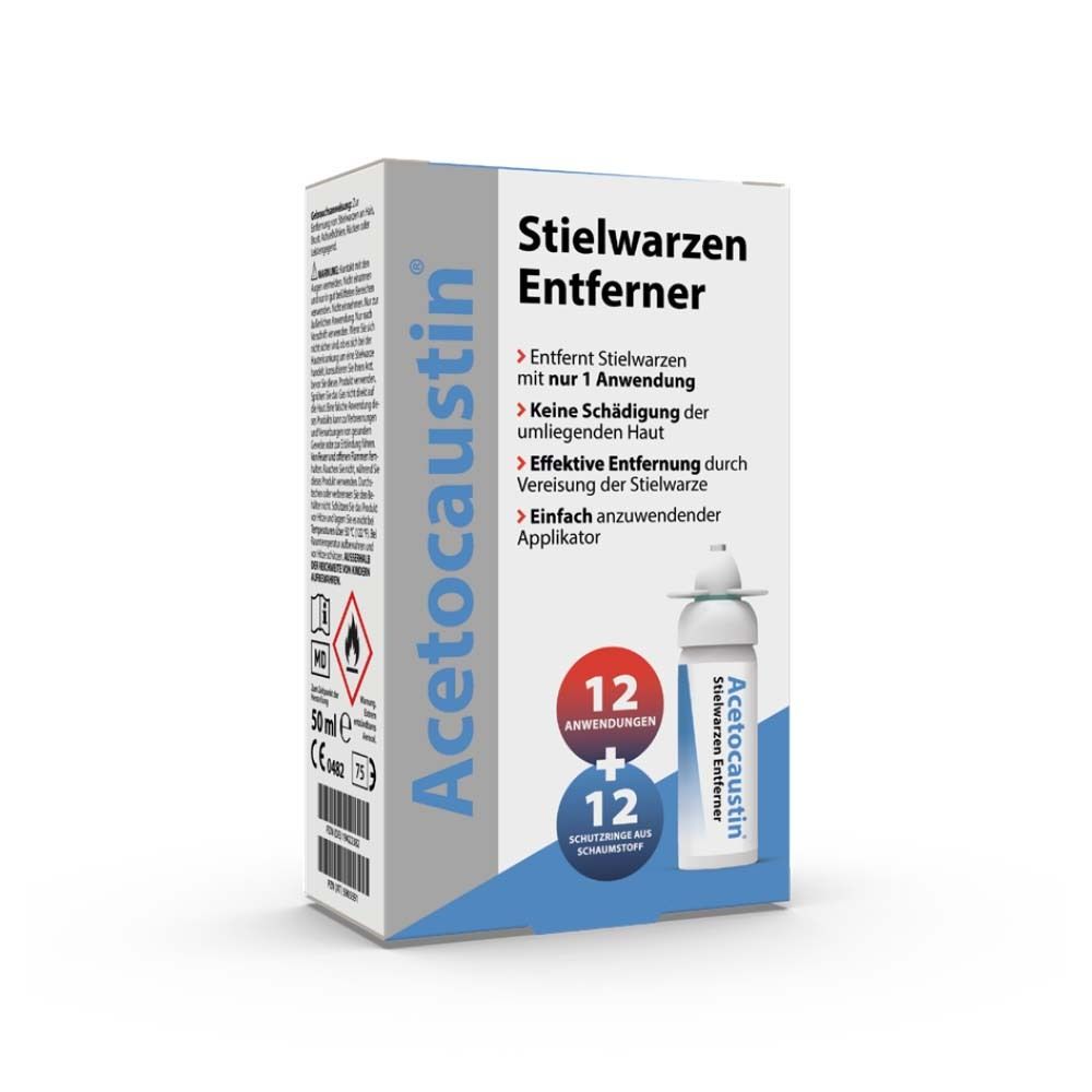 Verpackung von Acetocaustin Stielwarzen Entferner. Enthält einen Applikator und 12 Anwendungen.