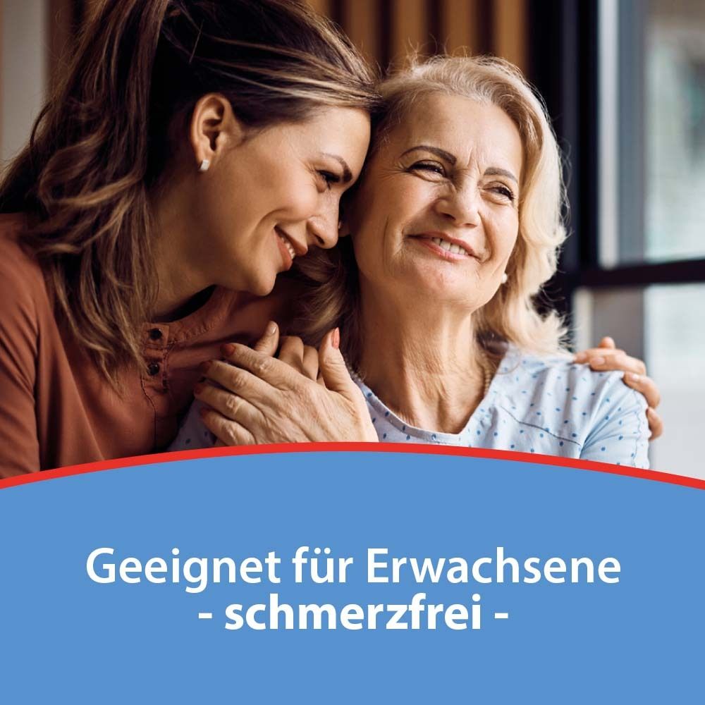 Zwei Frauen lächeln. Text: Geeignet für Erwachsene - schmerzfrei -.