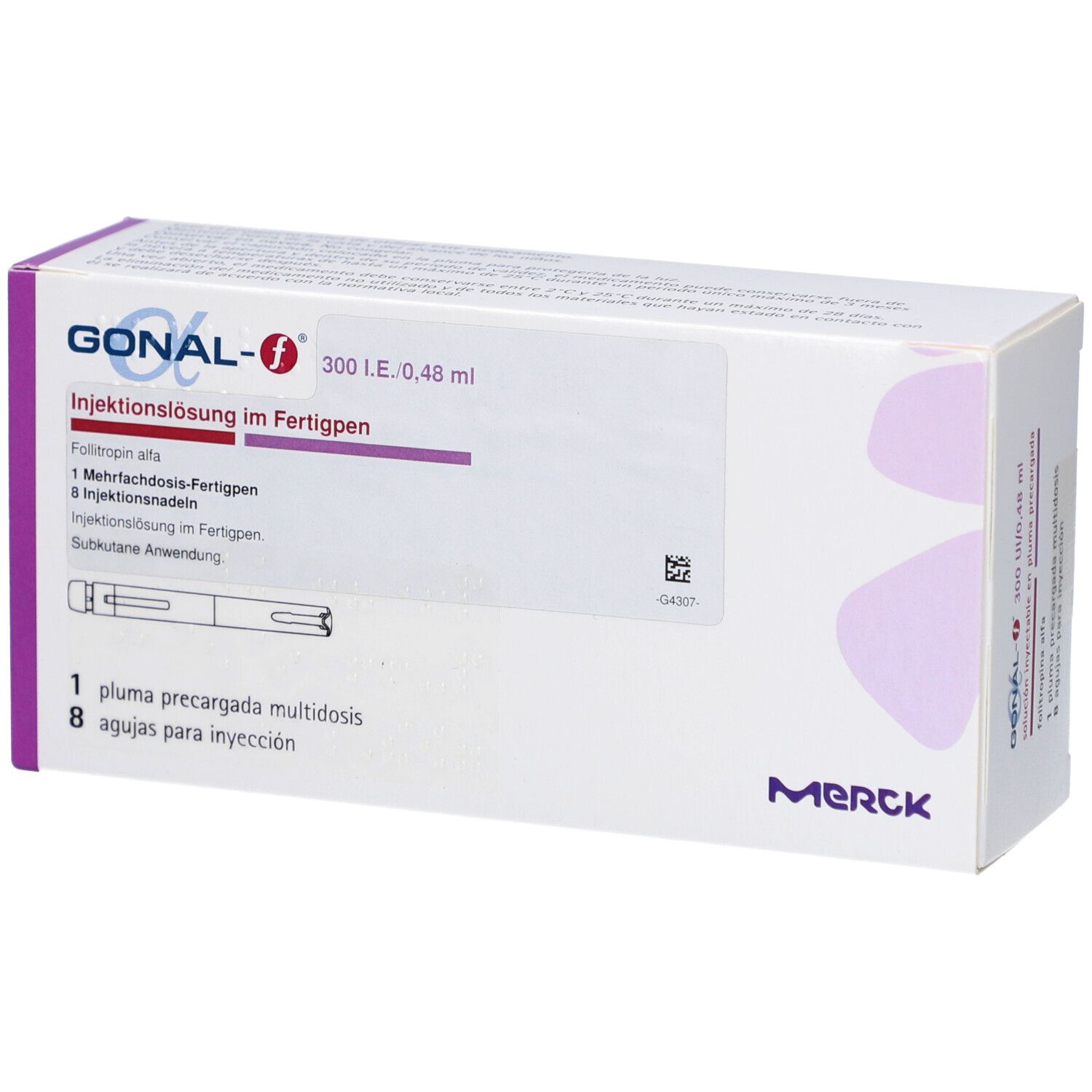 Verpackung von GONAL-f. Aufschrift: 300 I.E./0,48 ml. Enthält 1 Mehrfachdosis-Fertigpen und 8 Injektionsnadeln. Marke: Merck.