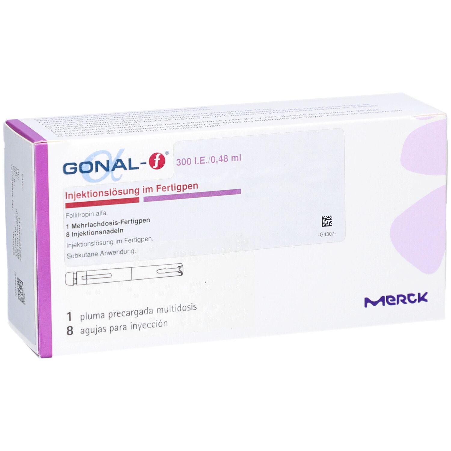 Vorderseite der GONAL-f Verpackung. Aufschrift: 300 I.E./0,48 ml. Enthält 1 Mehrfachdosis-Fertigpen und 8 Injektionsnadeln. Marke: Merck.